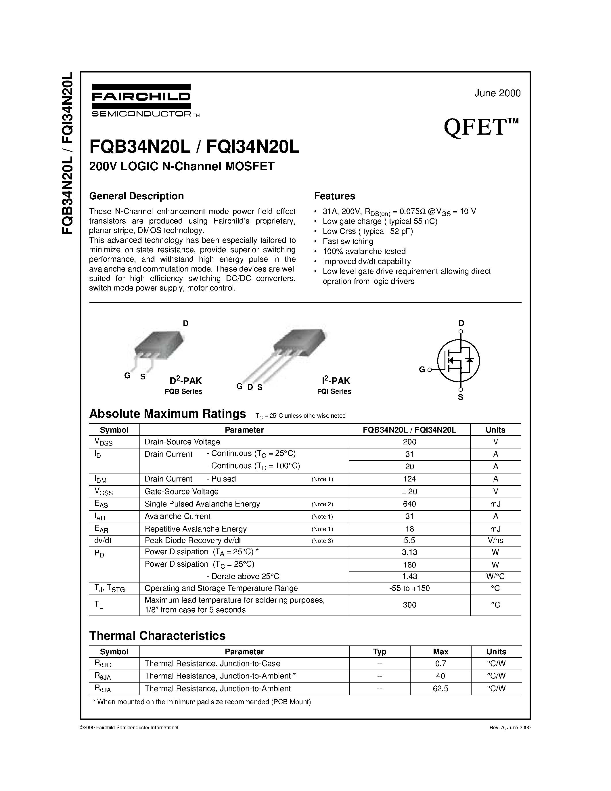 Datasheet FQI34N20L - 200V LOGIC N-Channel MOSFET page 1
