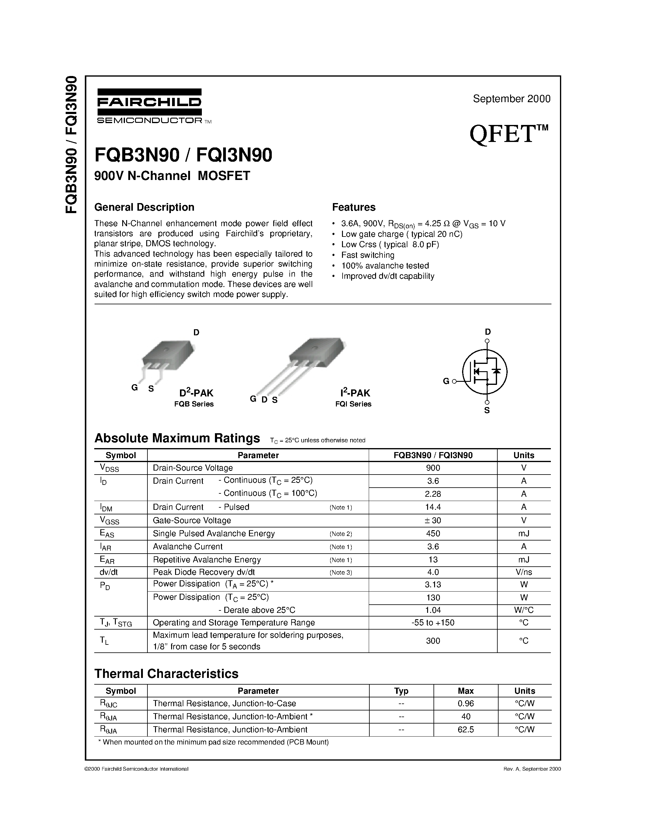 Datasheet FQI3N90 - 900V N-Channel MOSFET page 1