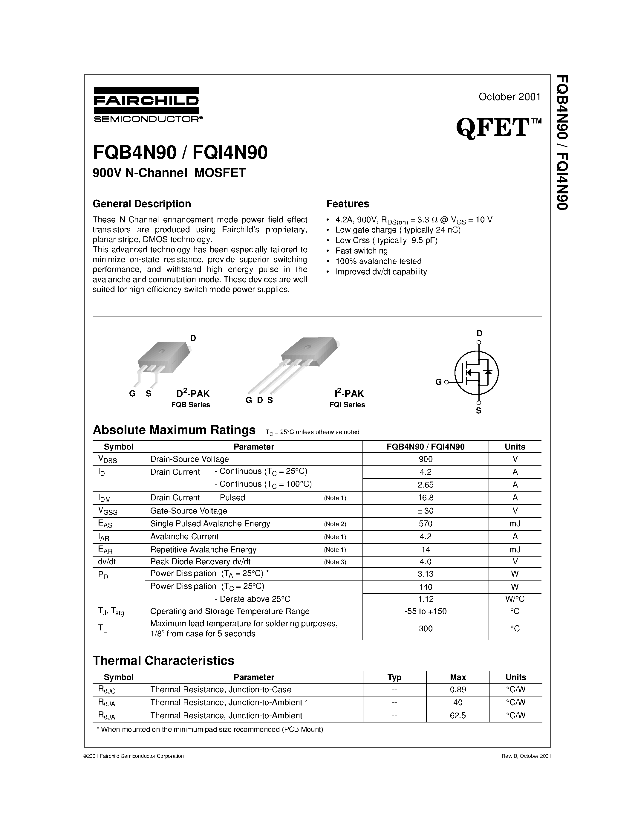 Datasheet FQI4N90 - 900V N-Channel MOSFET page 1