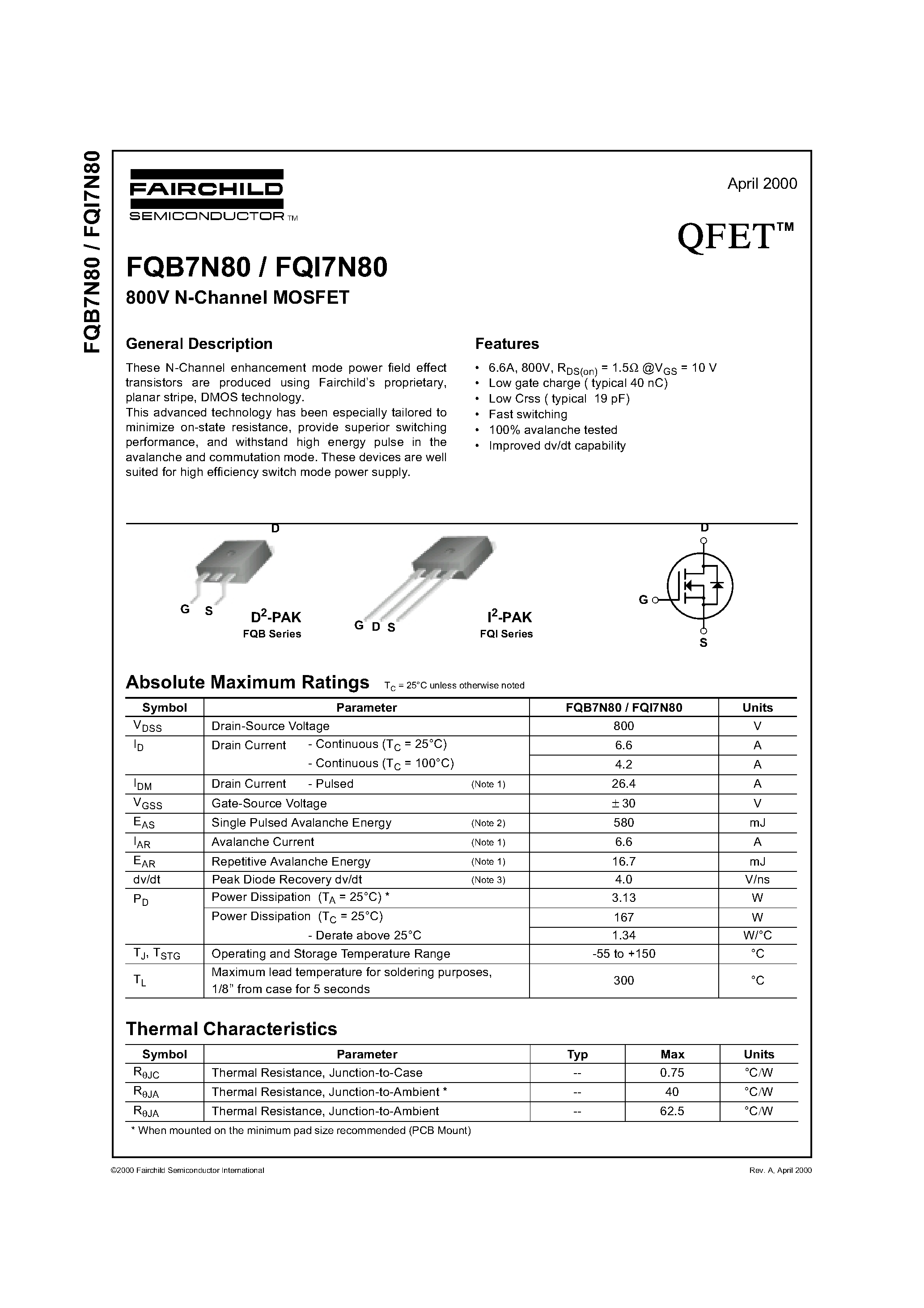 Datasheet FQI7N80 - 800V N-Channel MOSFET page 1