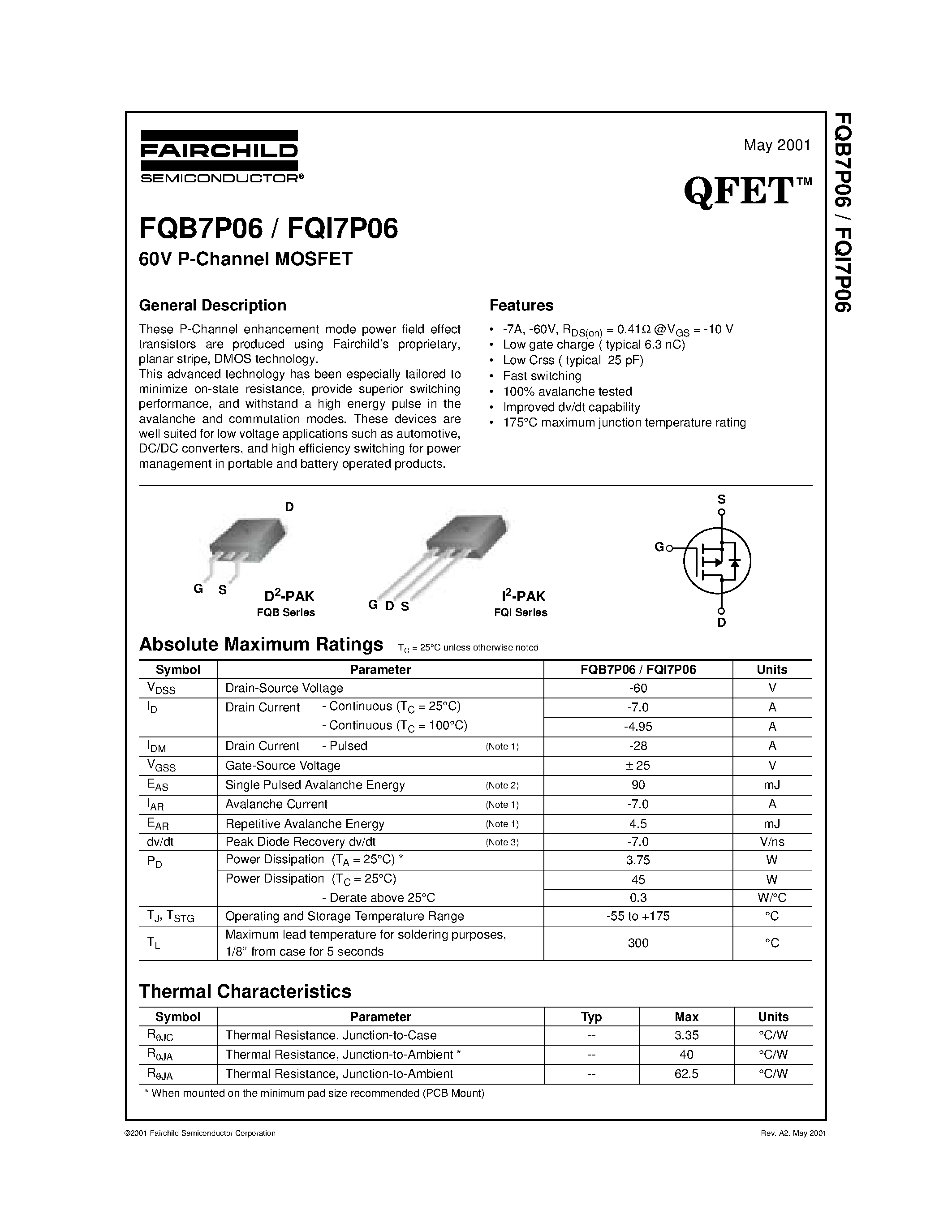 Datasheet FQI7P06 - 60V P-Channel MOSFET page 1