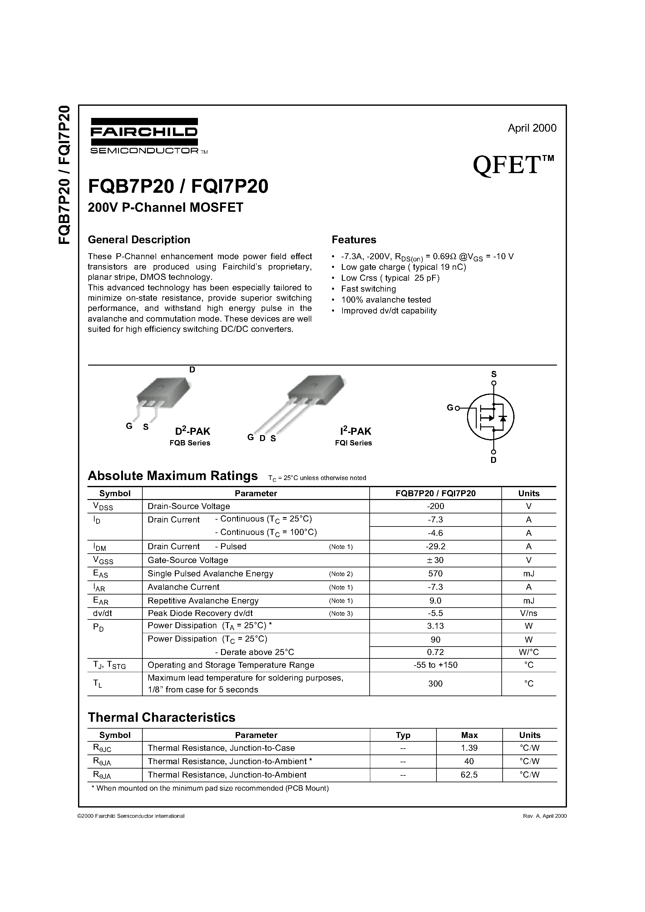 Datasheet FQI7P20 - 200V P-Channel MOSFET page 1