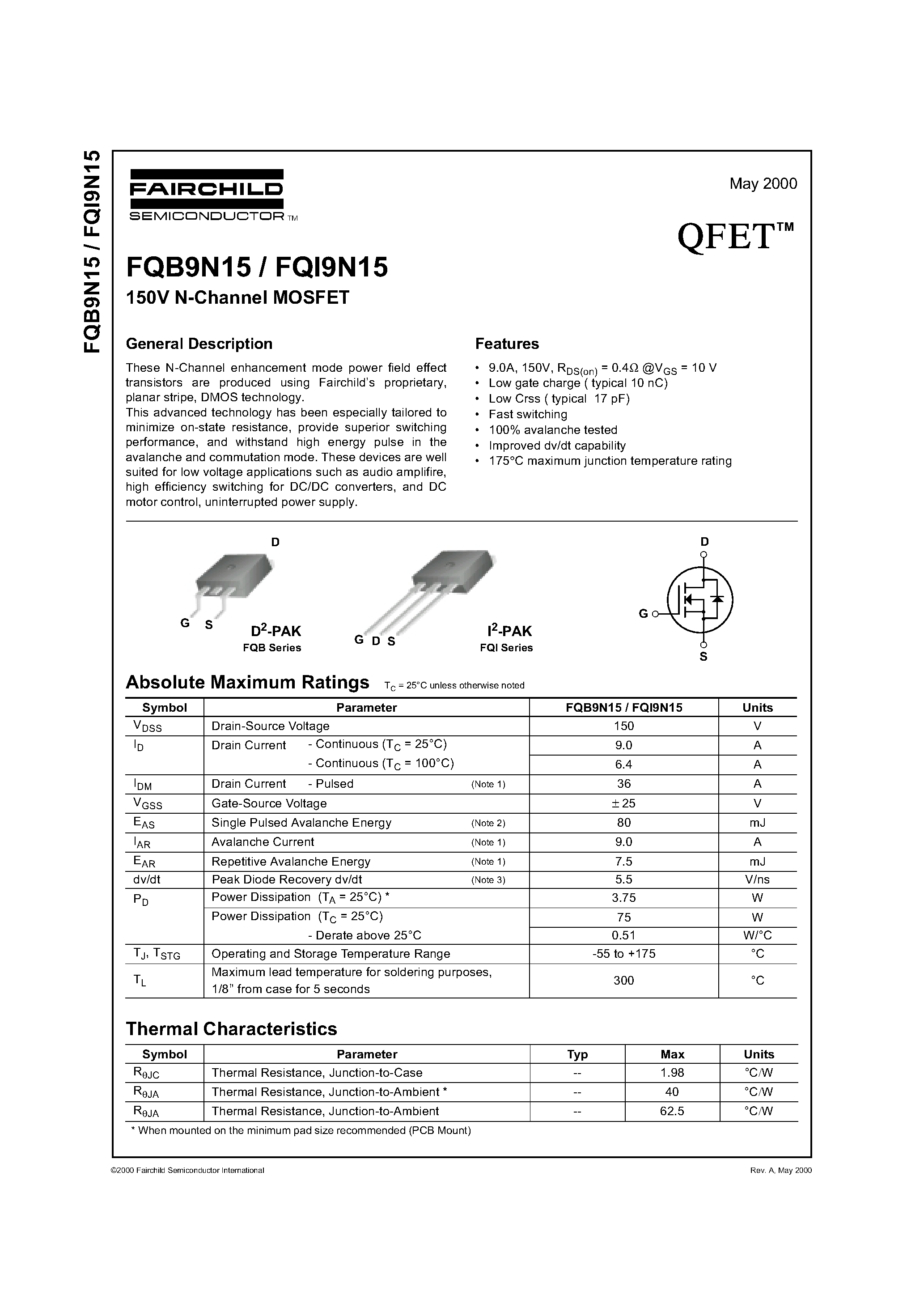 Datasheet FQI9N15 - 150V N-Channel MOSFET page 1