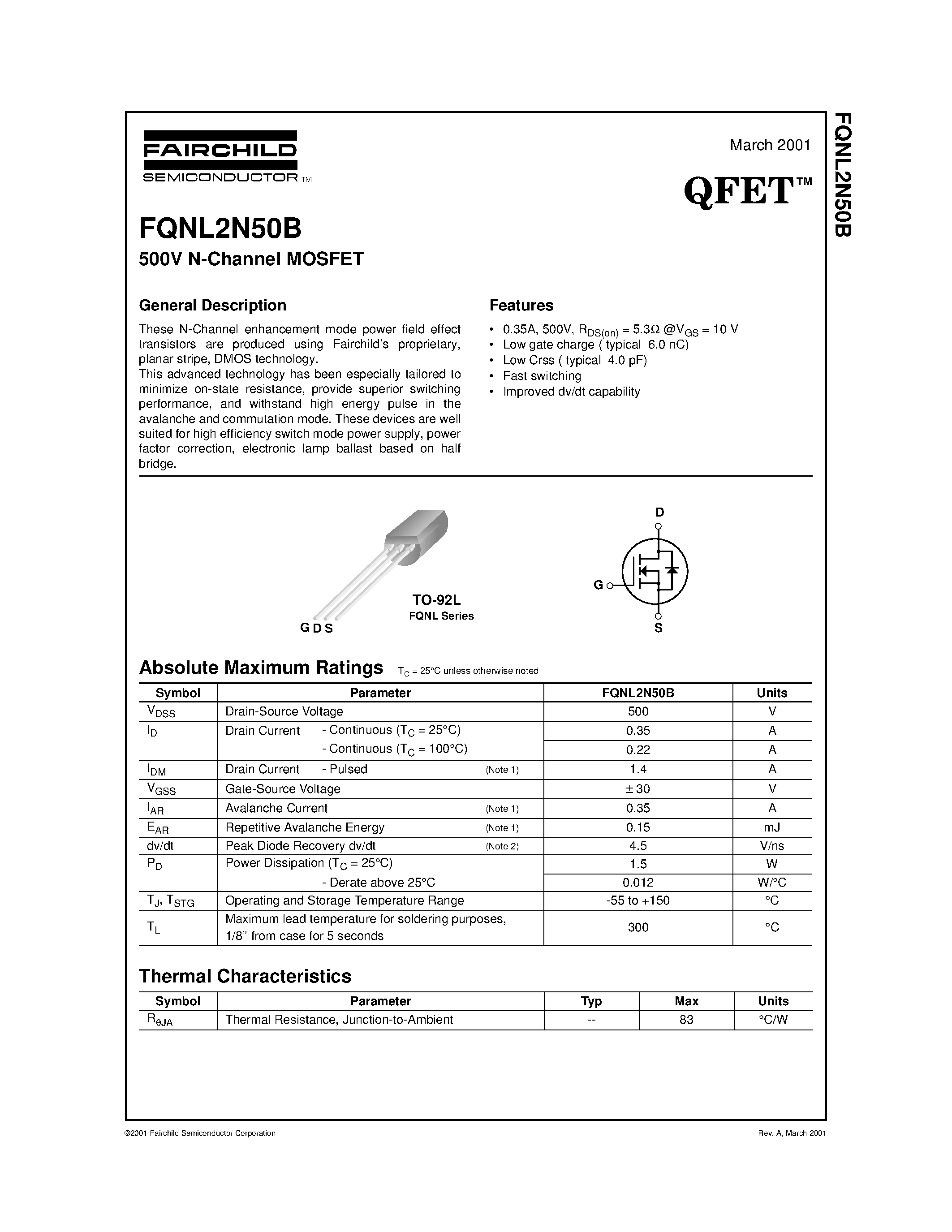 Datasheet FQNL2N50B page 1 Datasheet FQNL2N50B - 500V N-Channel MOSFET page 1