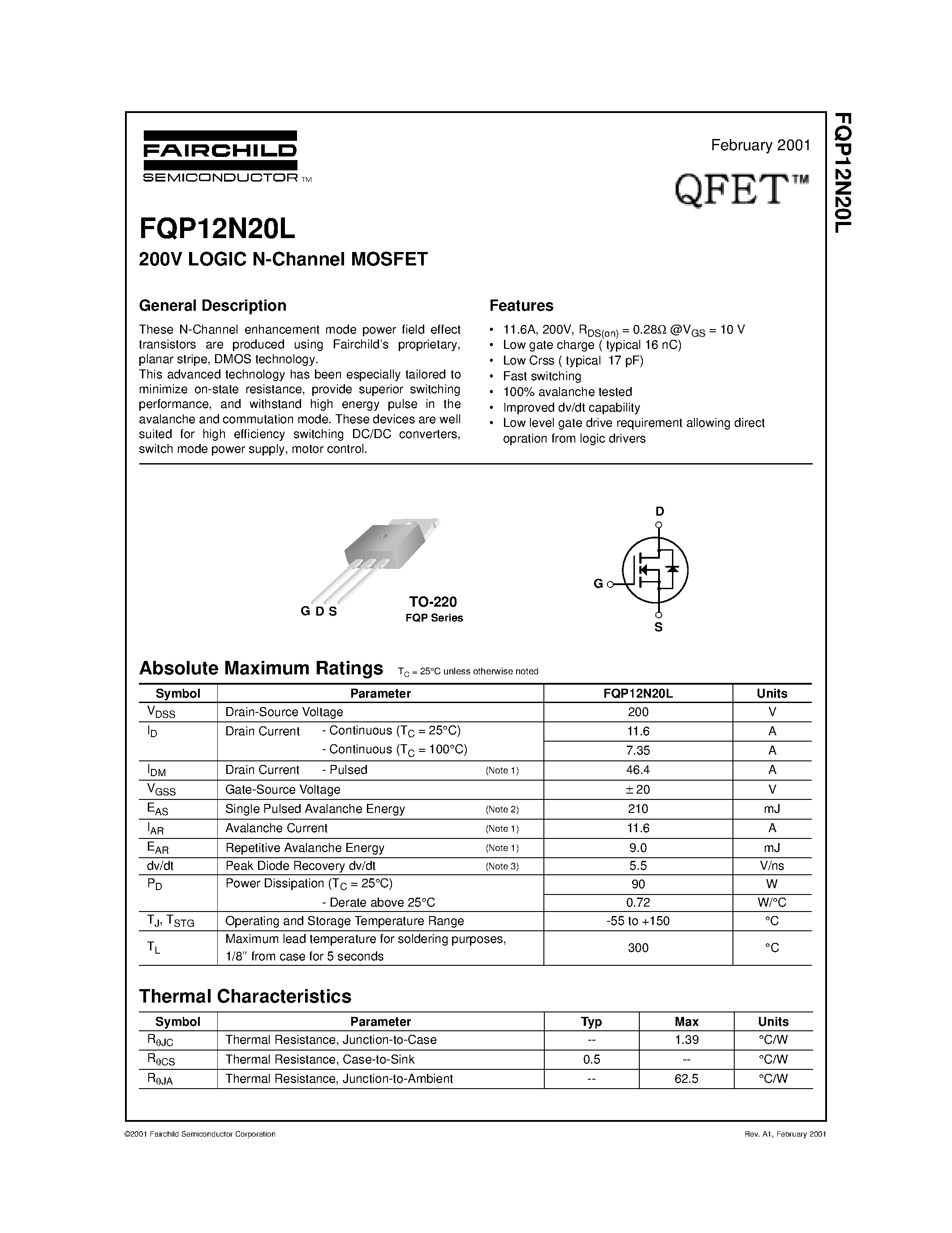 Даташит FQP12N20 - 200V LOGIC N-Channel MOSFET страница 1