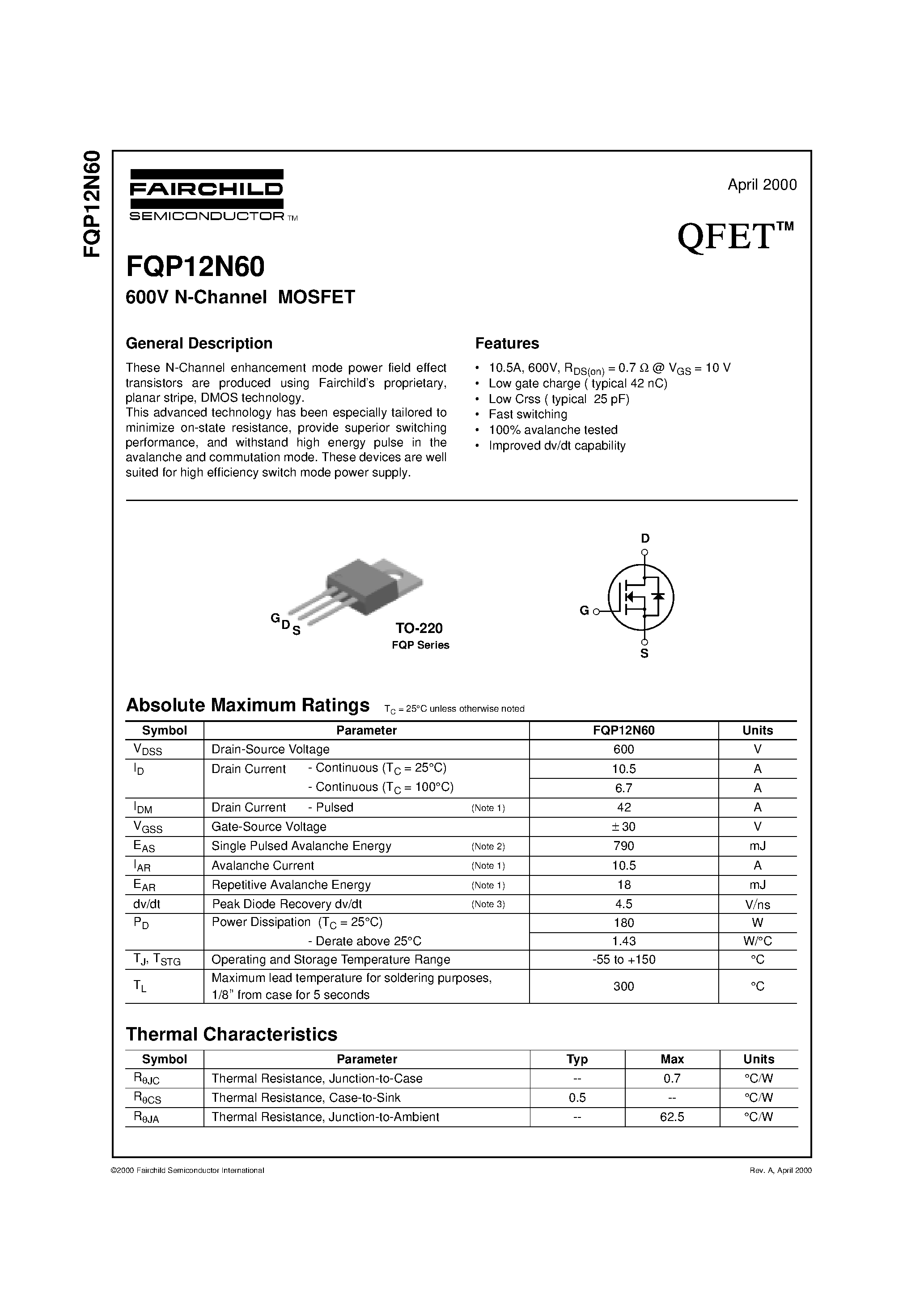 Даташит FQP12N60 - 600V N-Channel MOSFET страница 1