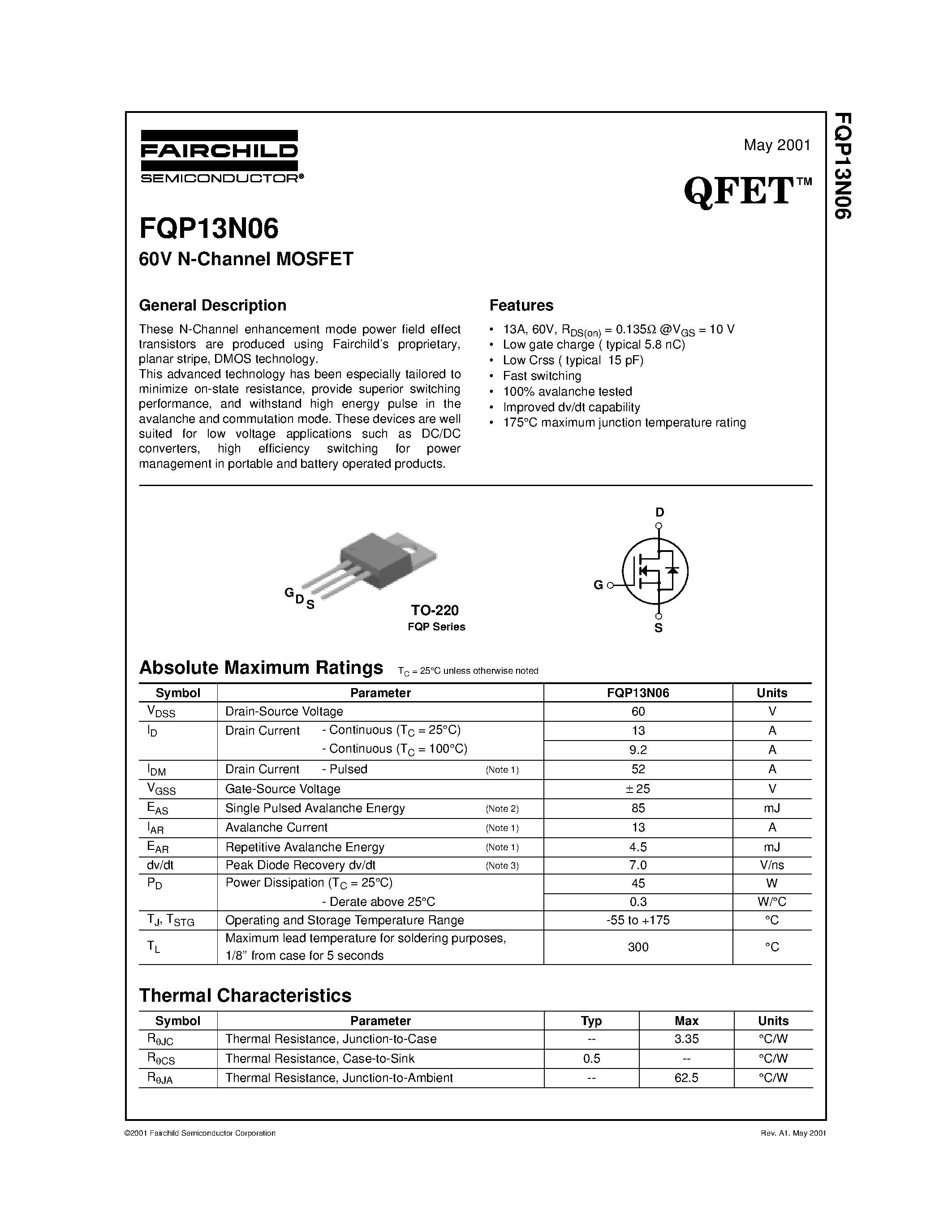 Даташит FQP13N06 - 60V N-Channel MOSFET страница 1