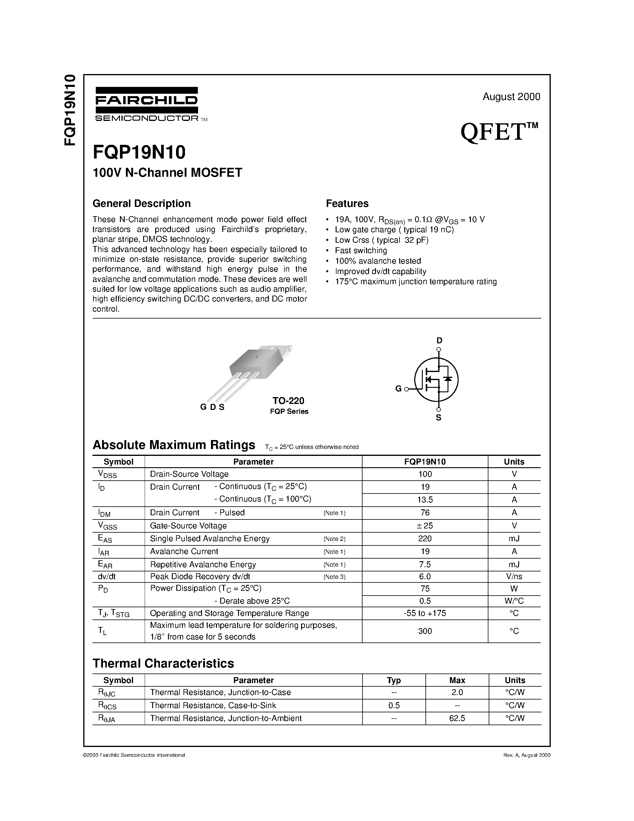 Даташит FQP19N10 - 100V N-Channel MOSFET страница 1