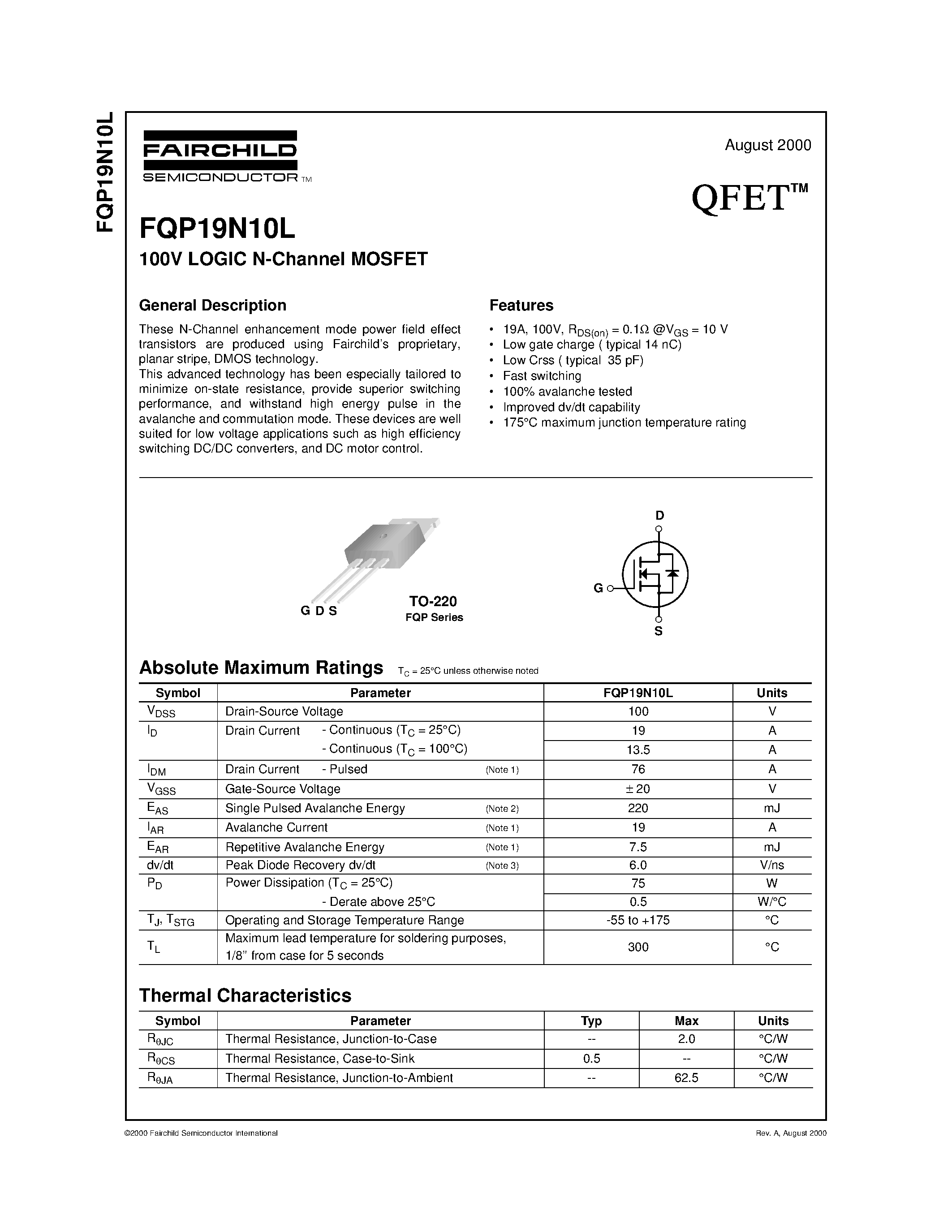 Даташит на микросхему FQP19N10L страница 1 Даташит FQP19N10L - 100V LOGIC N-Channel MOSFET страница 1