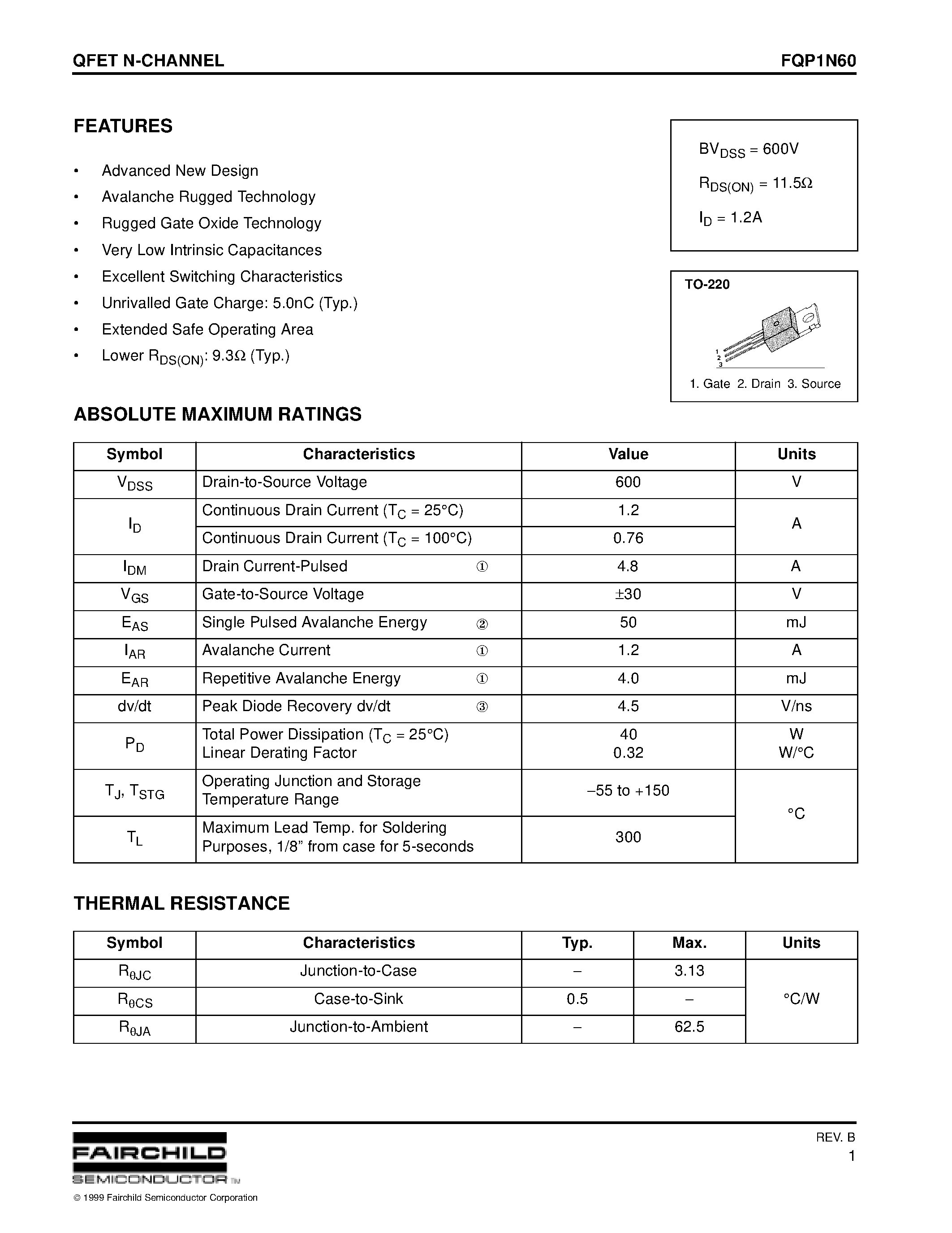 Даташит на микросхему FQP1N60 страница 1 Даташит FQP1N60 - QFET N-CHANNEL страница 1
