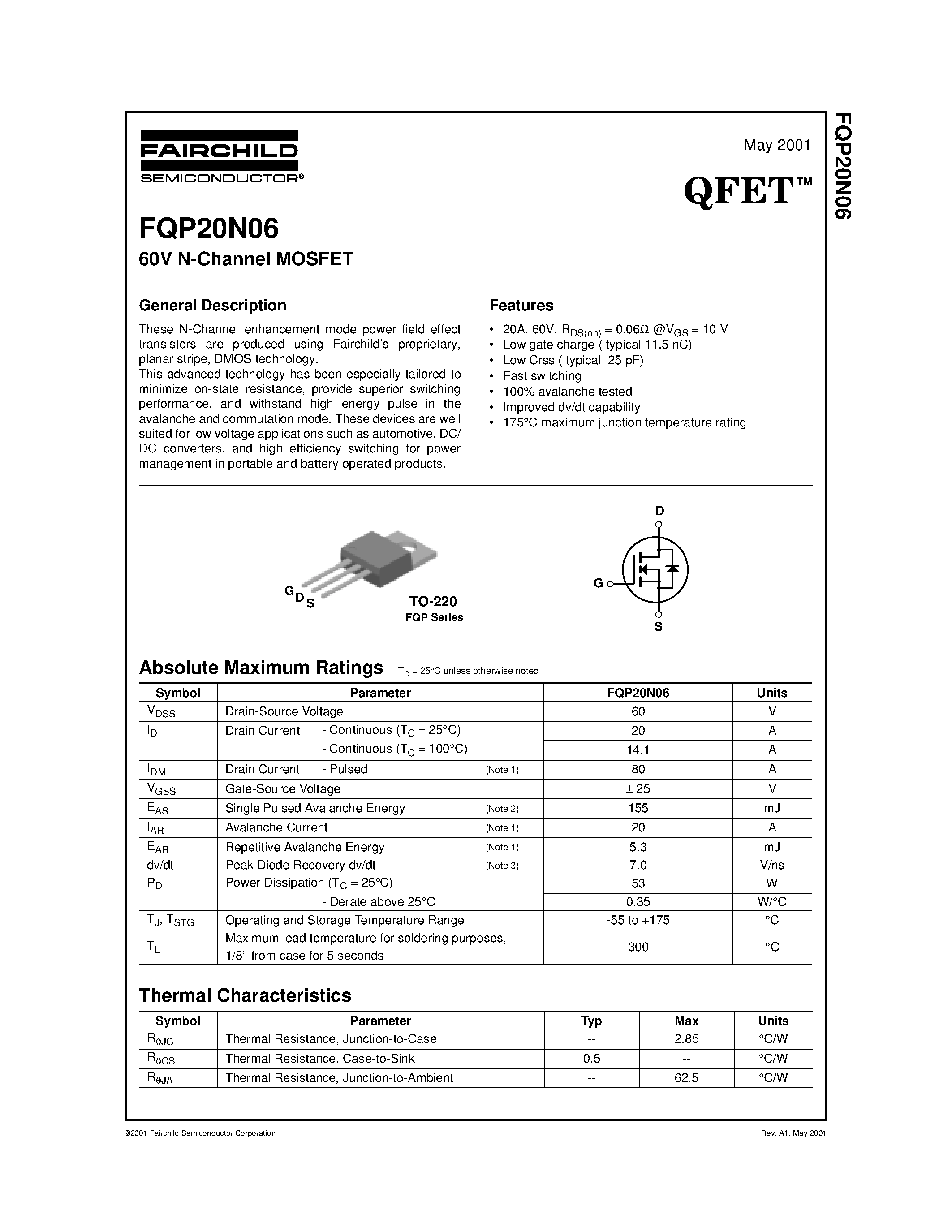 Даташит FQP20N06 - 60V N-Channel MOSFET страница 1