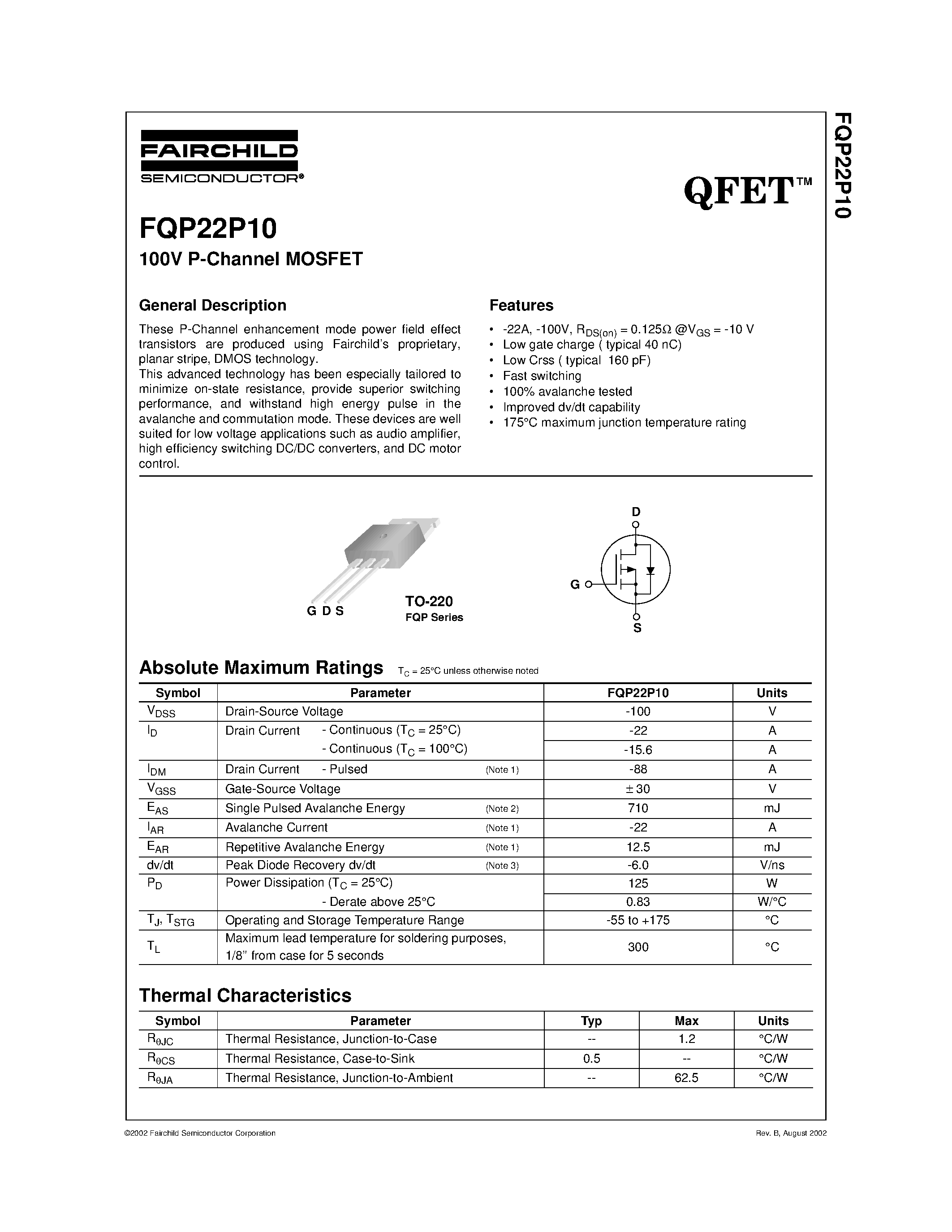 Datasheet FQP22P10 page 1 Datasheet FQP22P10 - 100V P-Channel MOSFET page 1