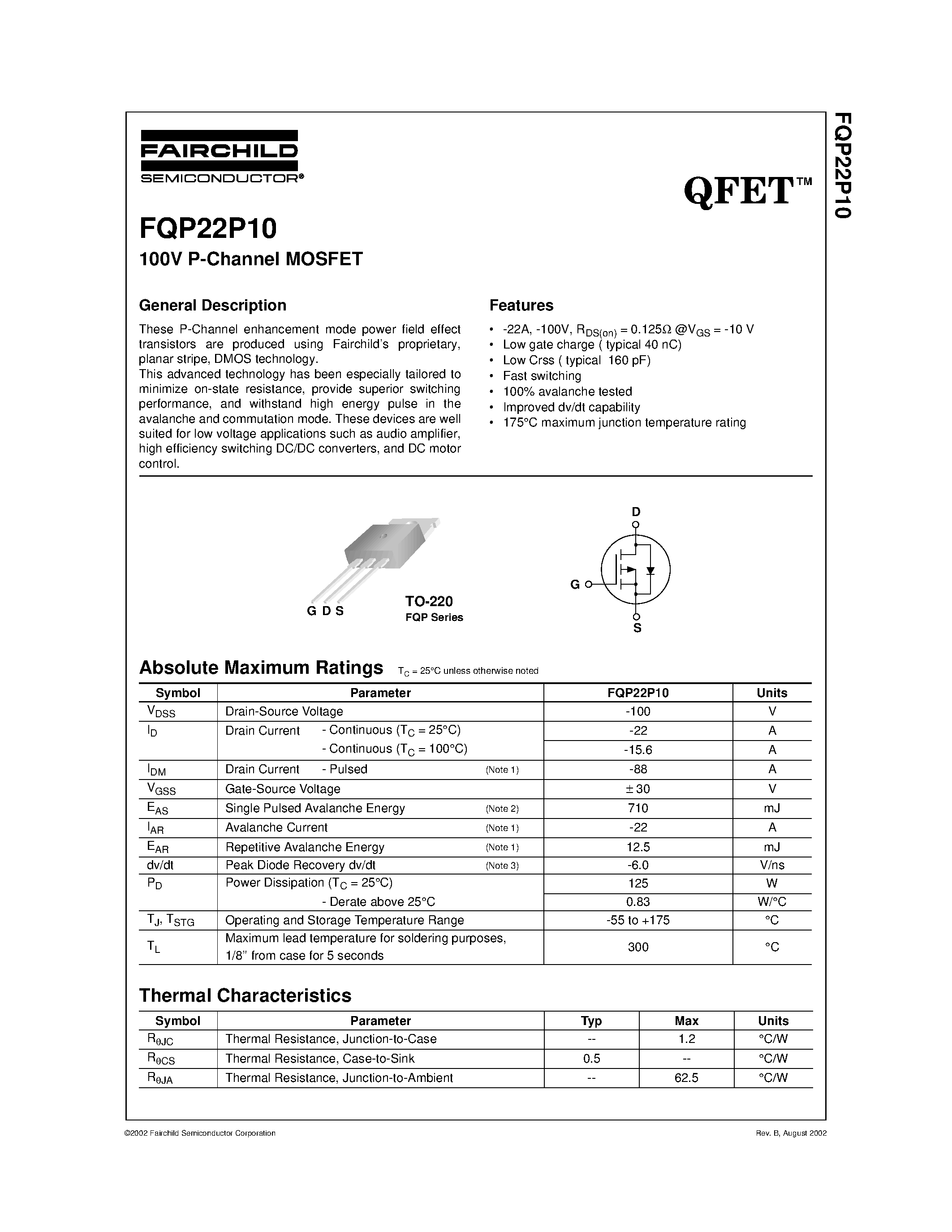 Даташит FQP22P10 - 100V P-Channel MOSFET страница 1