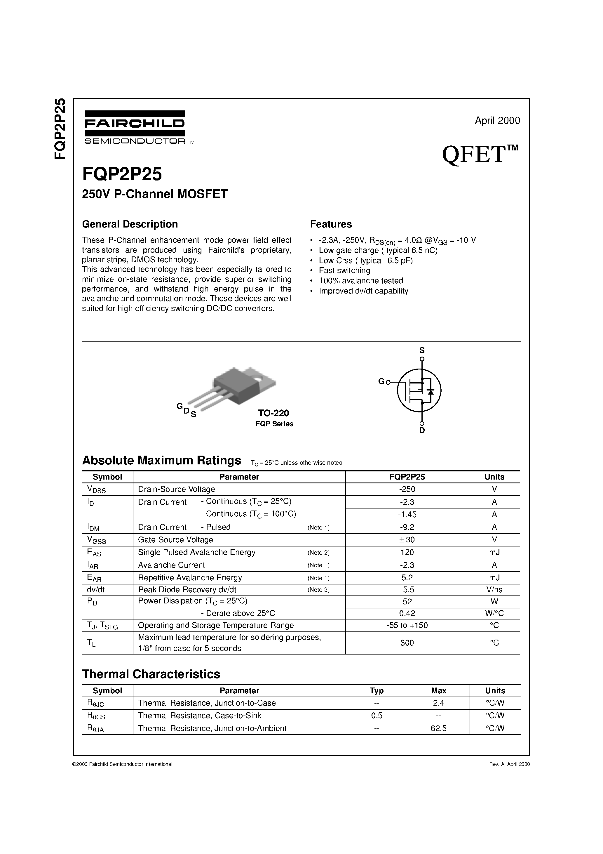 Datasheet FQP2P25 page 1 Datasheet FQP2P25 - 250V P-Channel MOSFET page 1