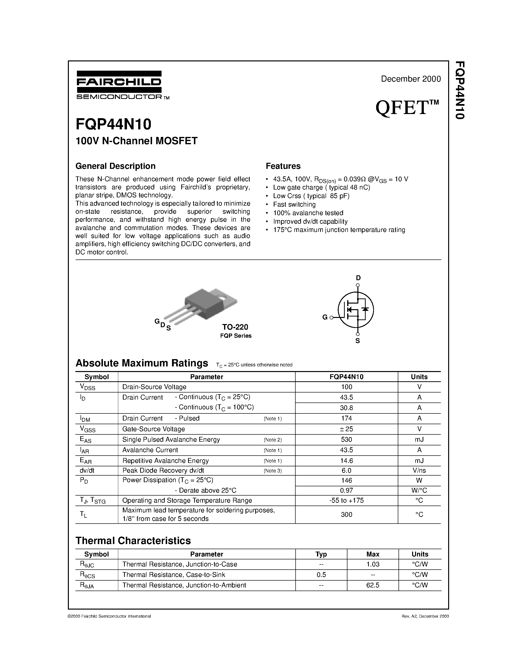 Datasheet FQP44N10 - 100V N-Channel MOSFET page 1