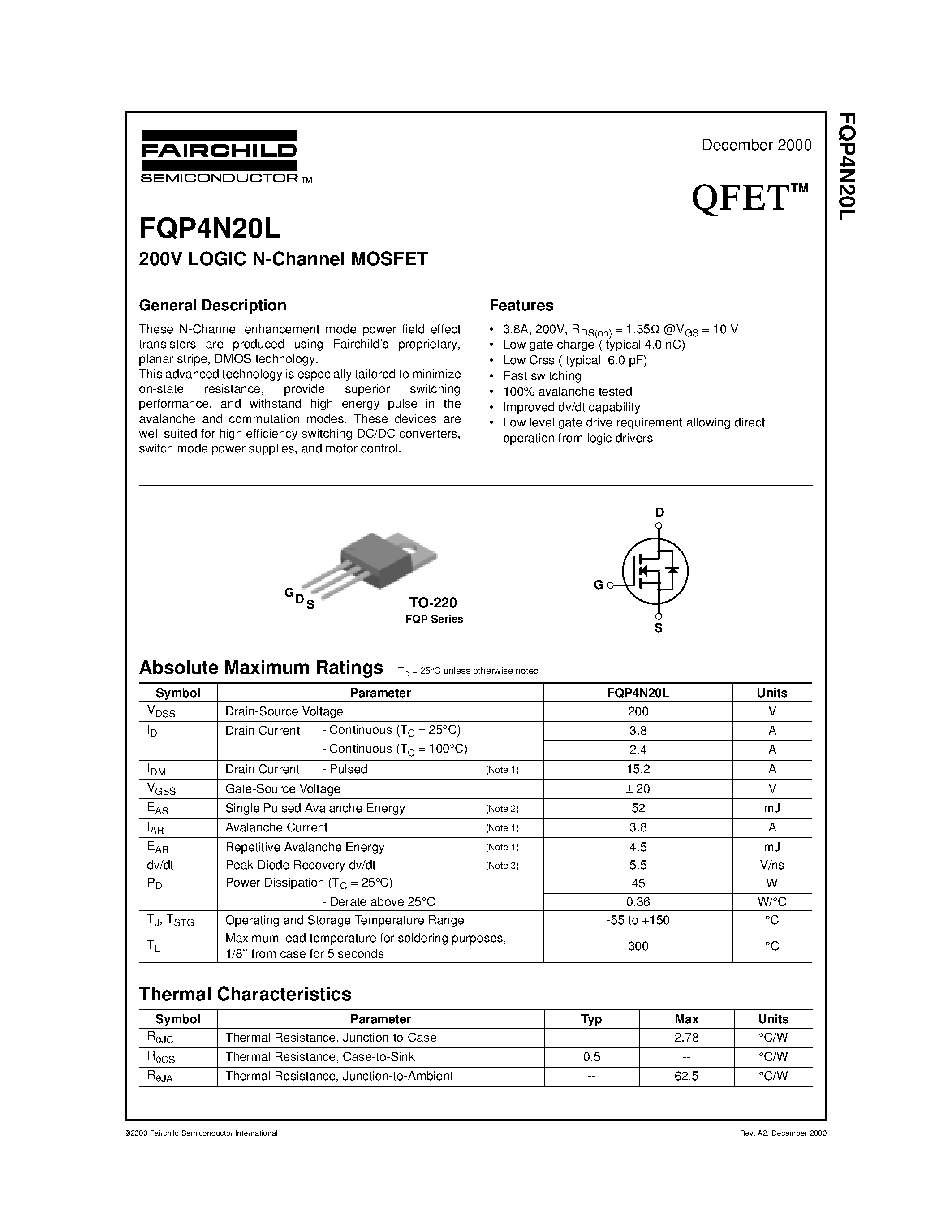 Datasheet FQP4N20L - 200V LOGIC N-Channel MOSFET page 1