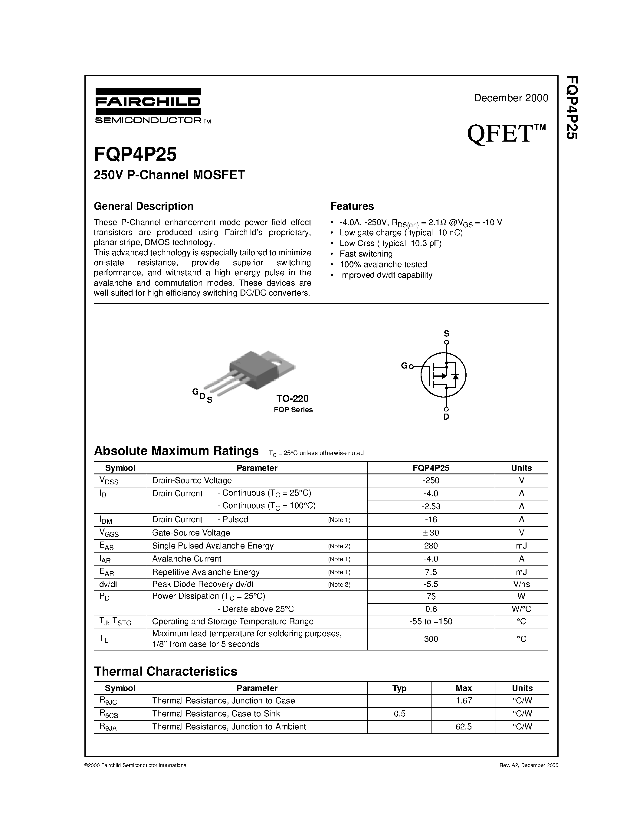 Даташит FQP4P25 - 250V P-Channel MOSFET страница 1