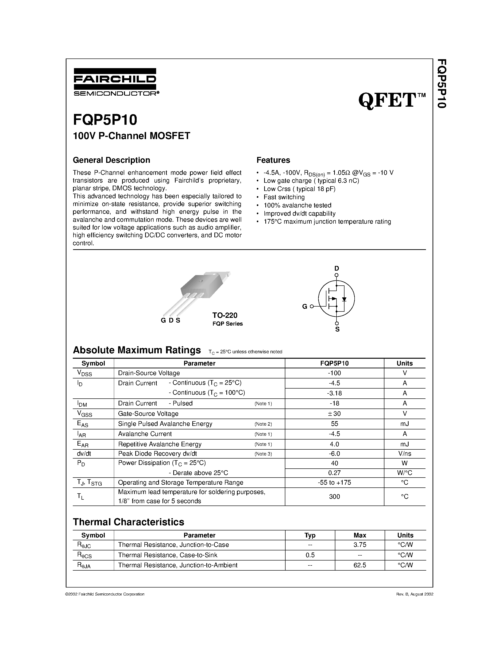 Даташит FQP5P10 - 100V P-Channel MOSFET страница 1