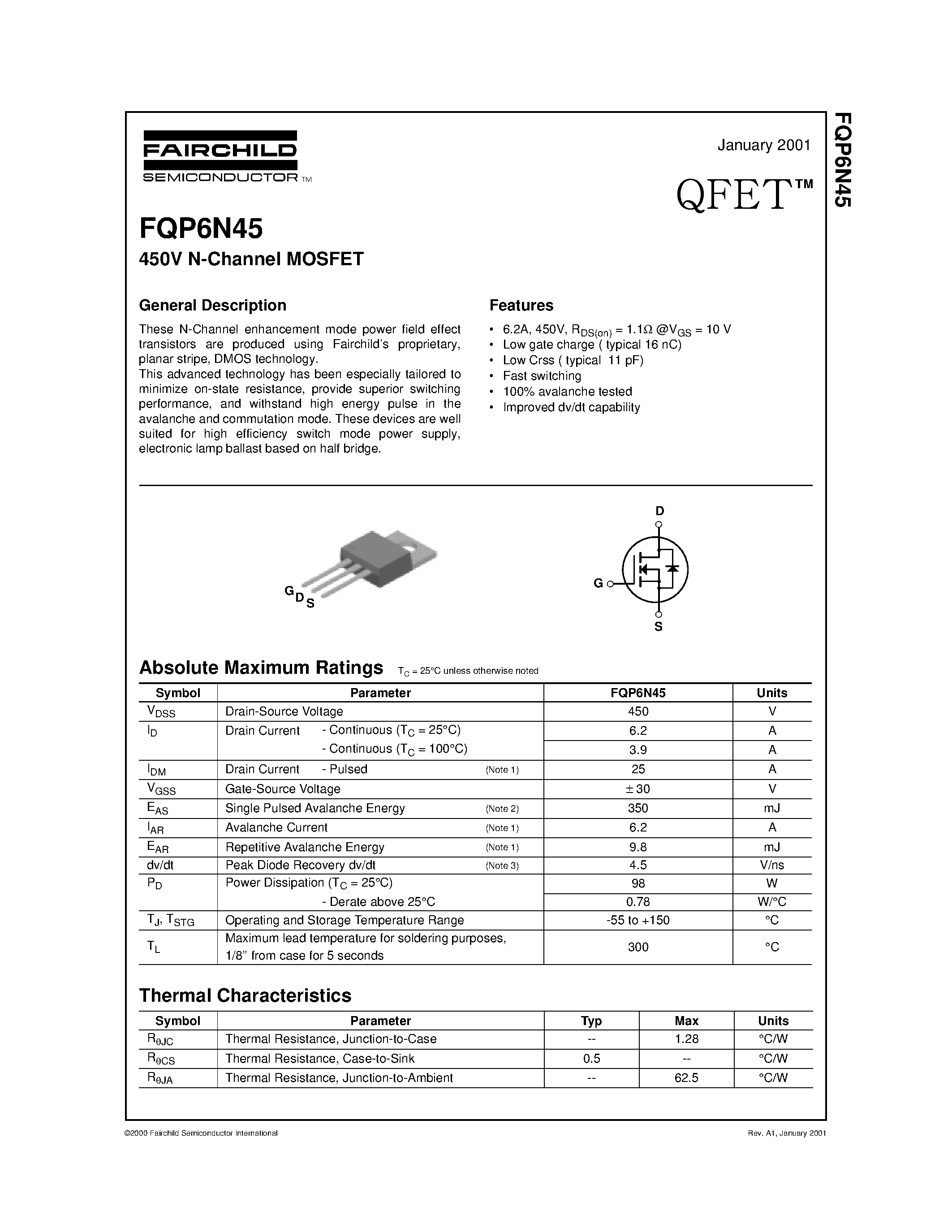 Datasheet FQP6N45 page 1 Datasheet FQP6N45 - 450V N-Channel MOSFET page 1