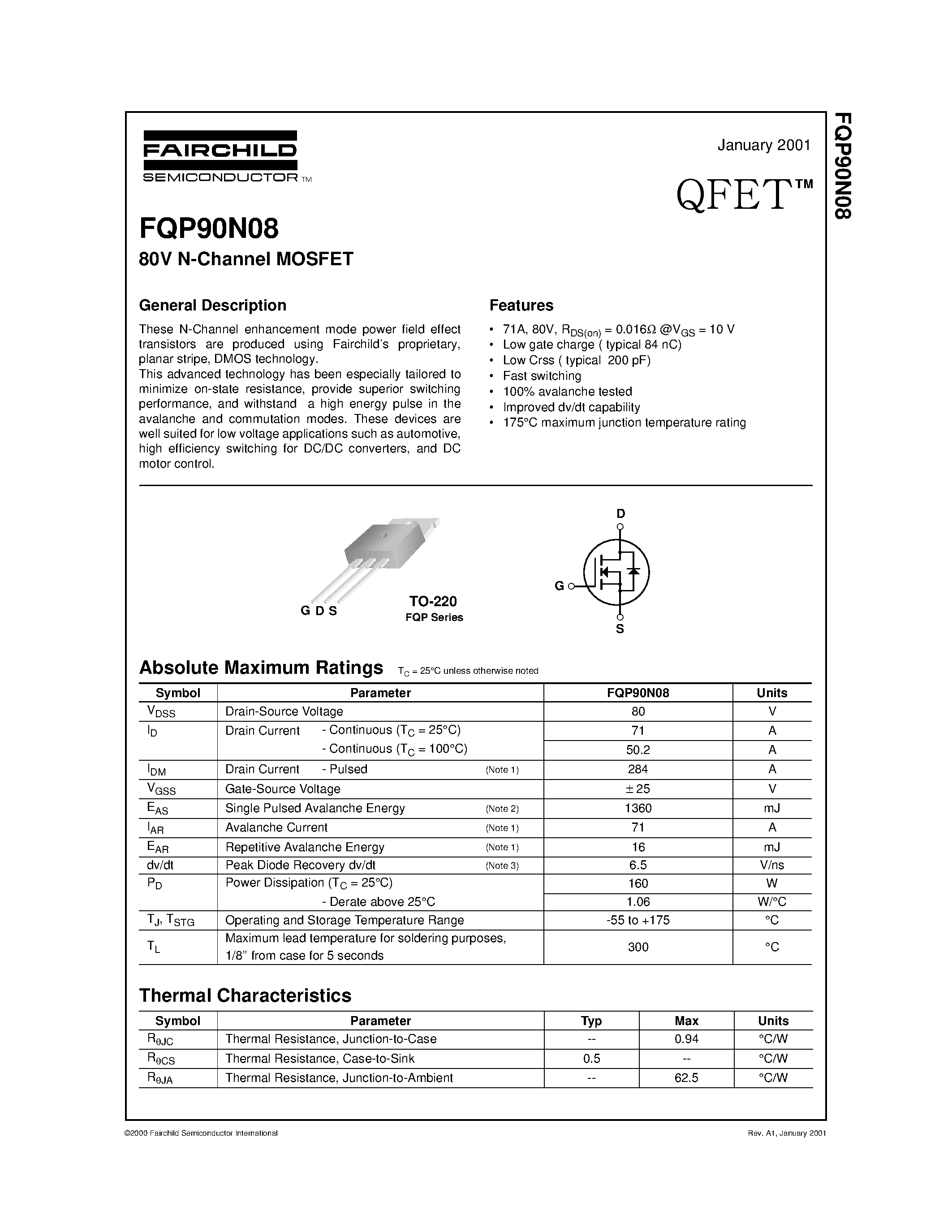 Datasheet FQP90N08 page 1 Datasheet FQP90N08 - 80V N-Channel MOSFET page 1