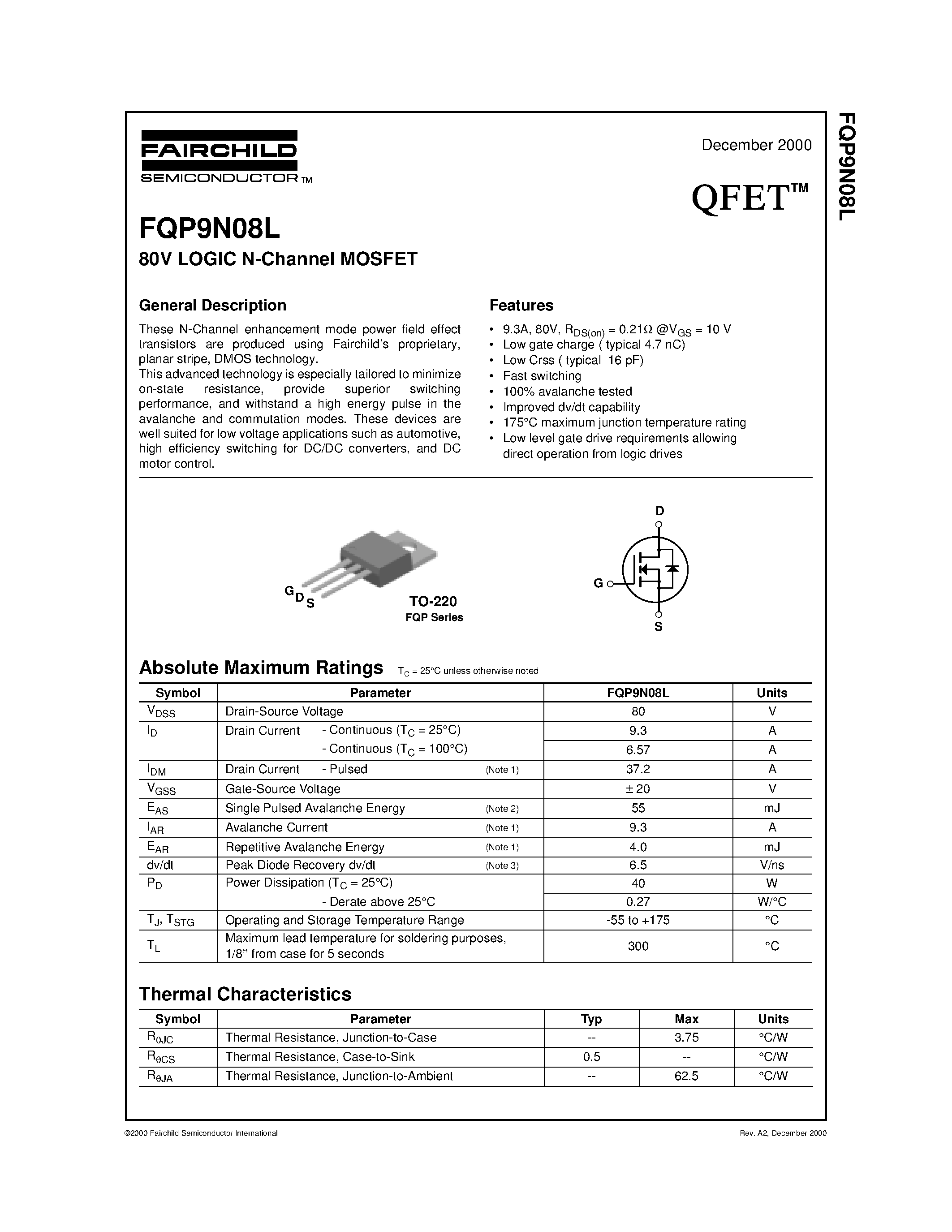 Даташит FQP9N08L - 80V LOGIC N-Channel MOSFET страница 1