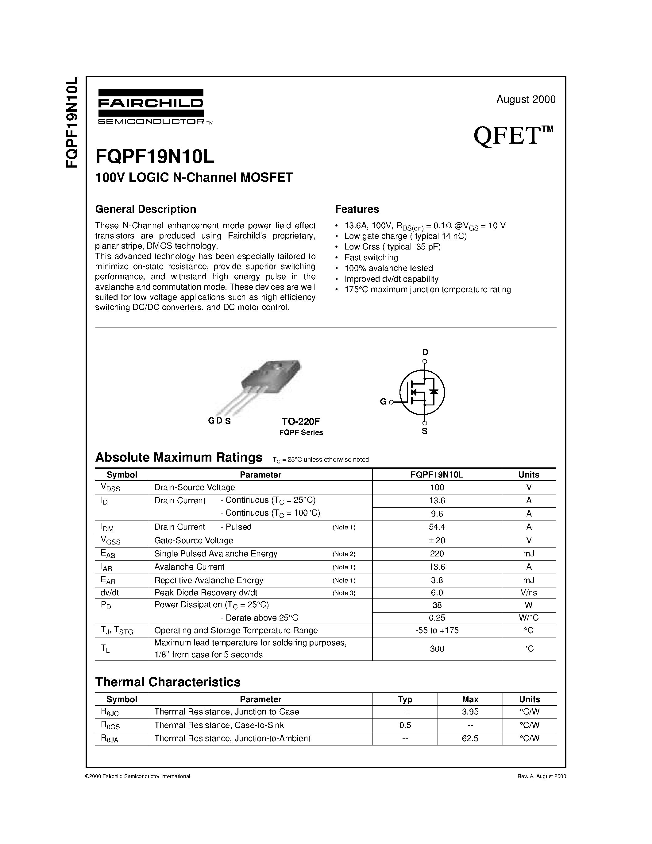 Даташит FQPF19N10L - 100V LOGIC N-Channel MOSFET страница 1