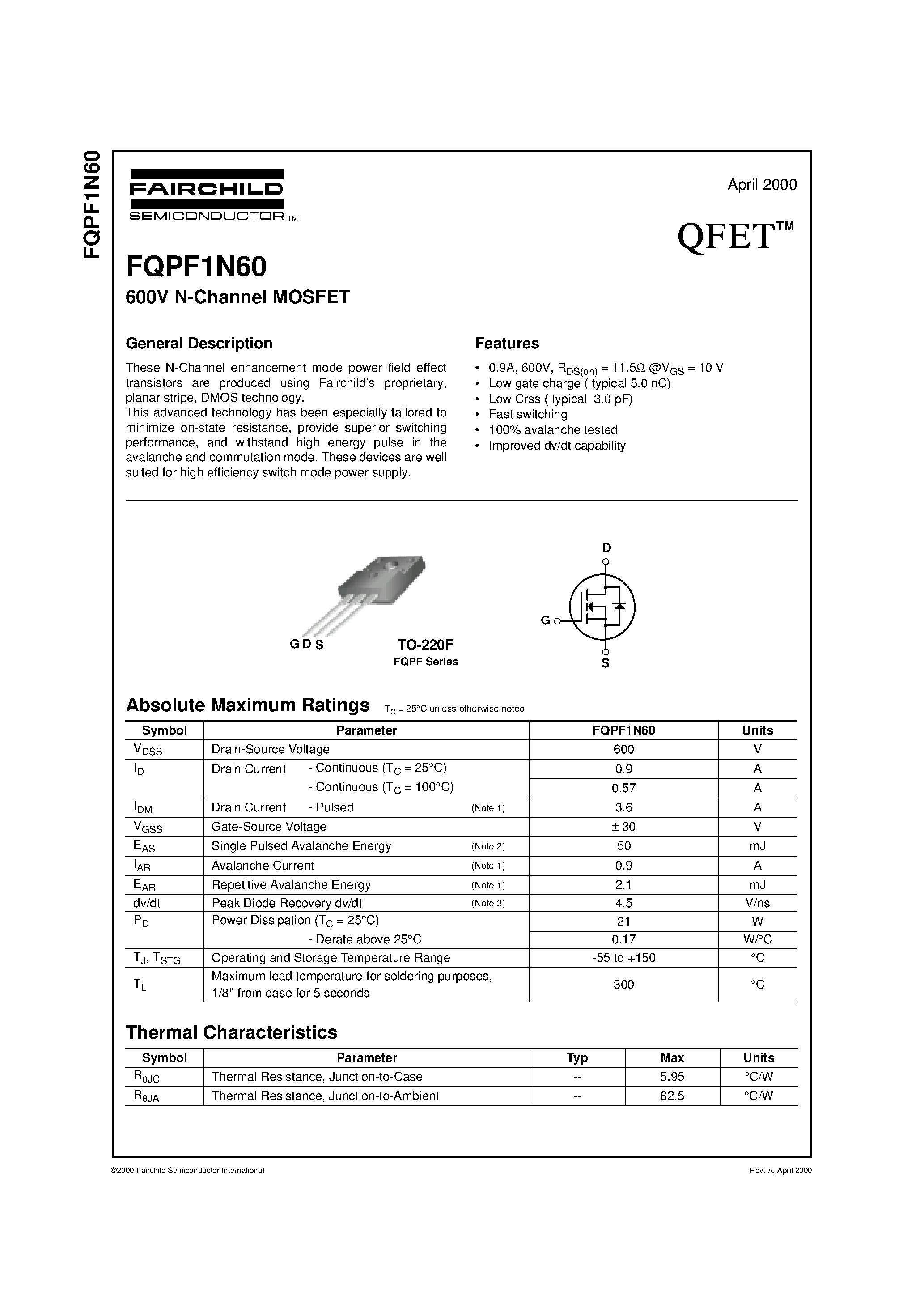 Даташит FQPF1N60 - 600V N-Channel MOSFET страница 1
