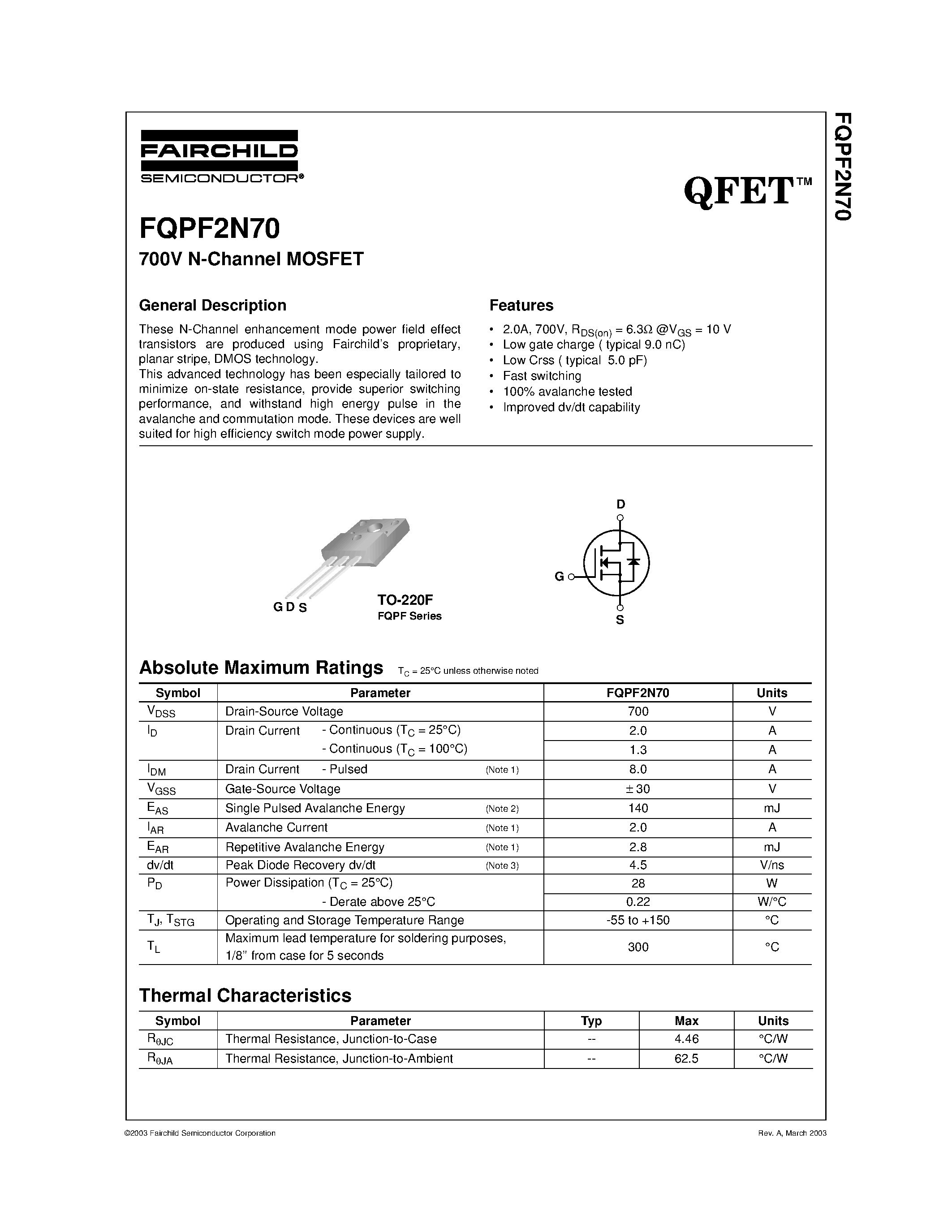 Даташит FQPF2N70 - 700V N-Channel MOSFET страница 1