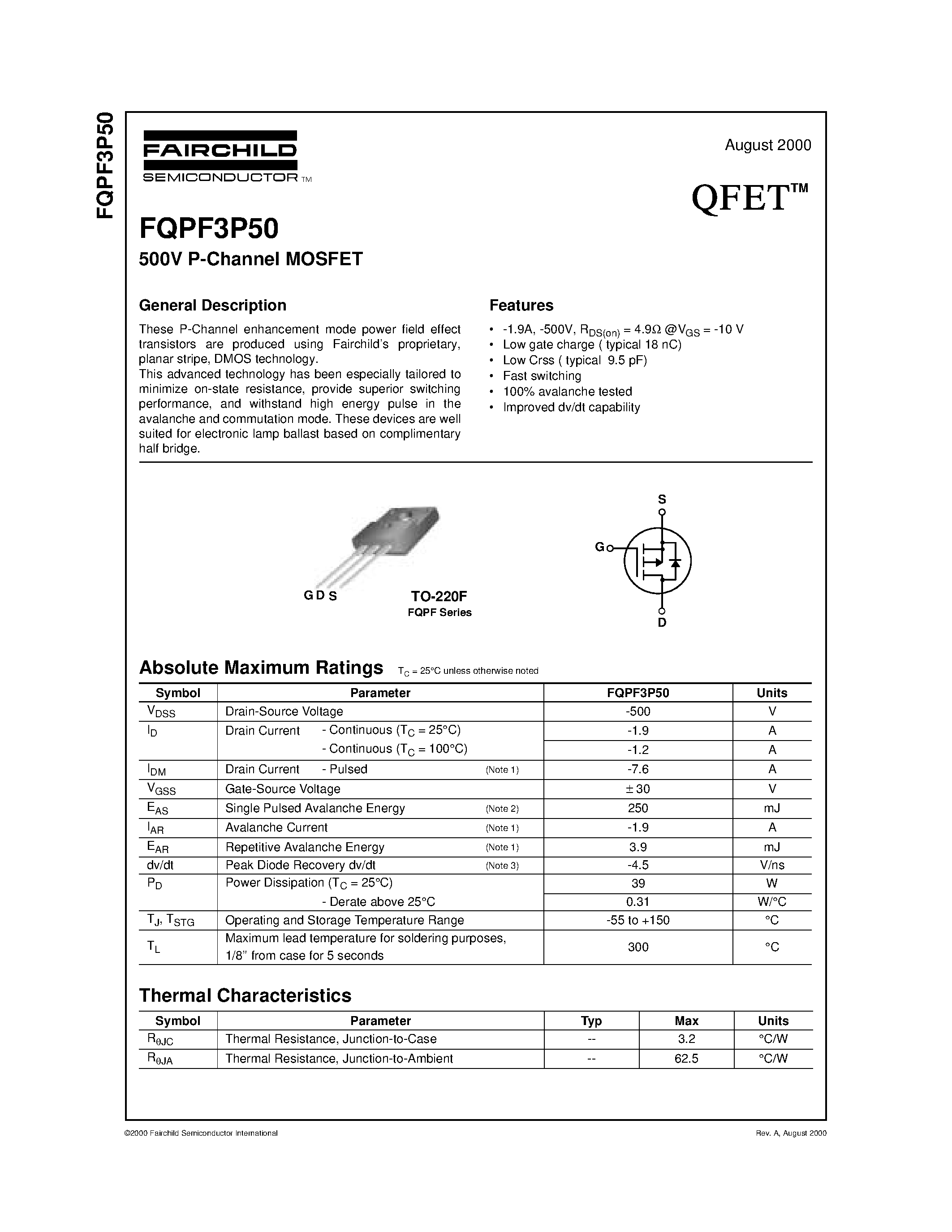 Даташит FQPF3P50 - 500V P-Channel MOSFET страница 1