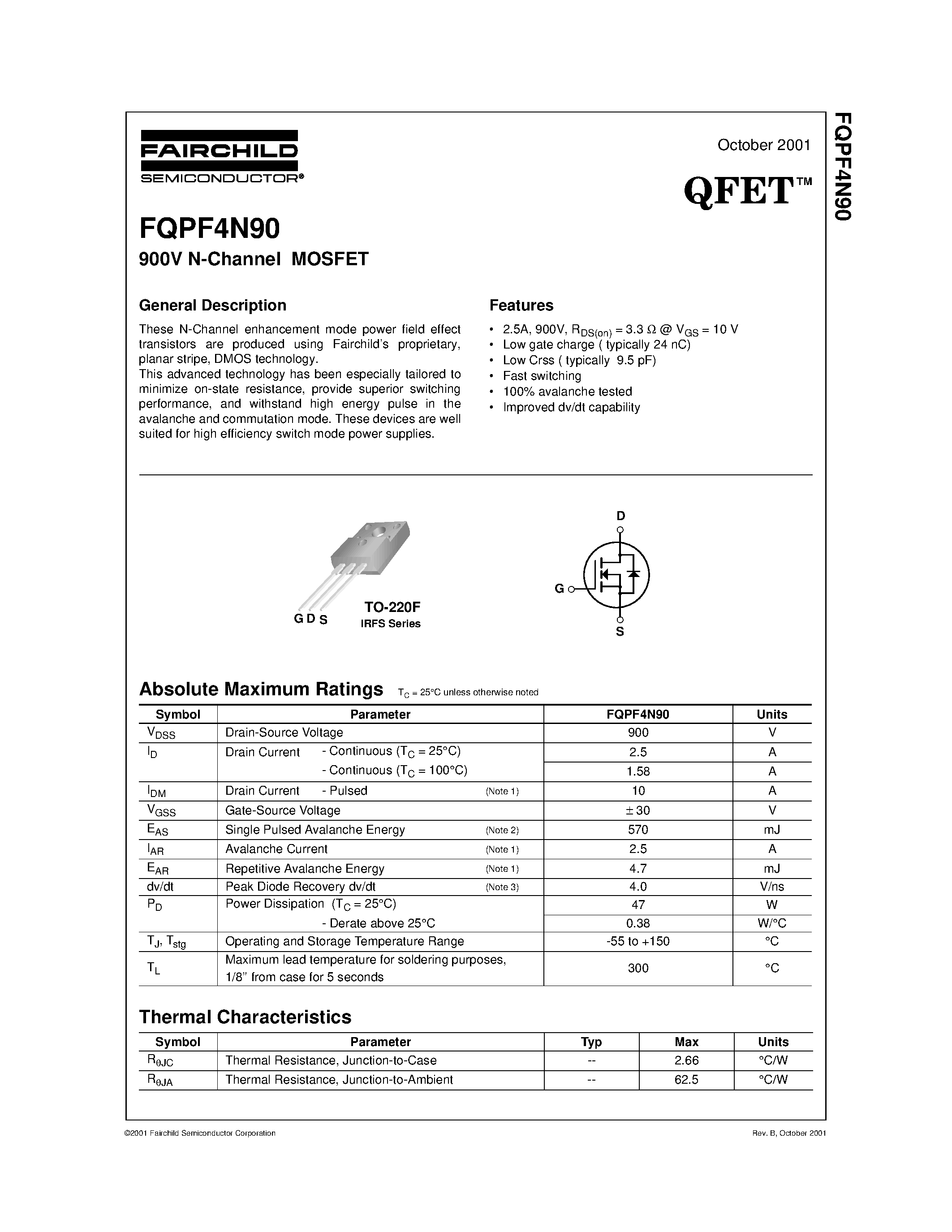 Даташит FQPF4N90 - 900V N-Channel MOSFET страница 1