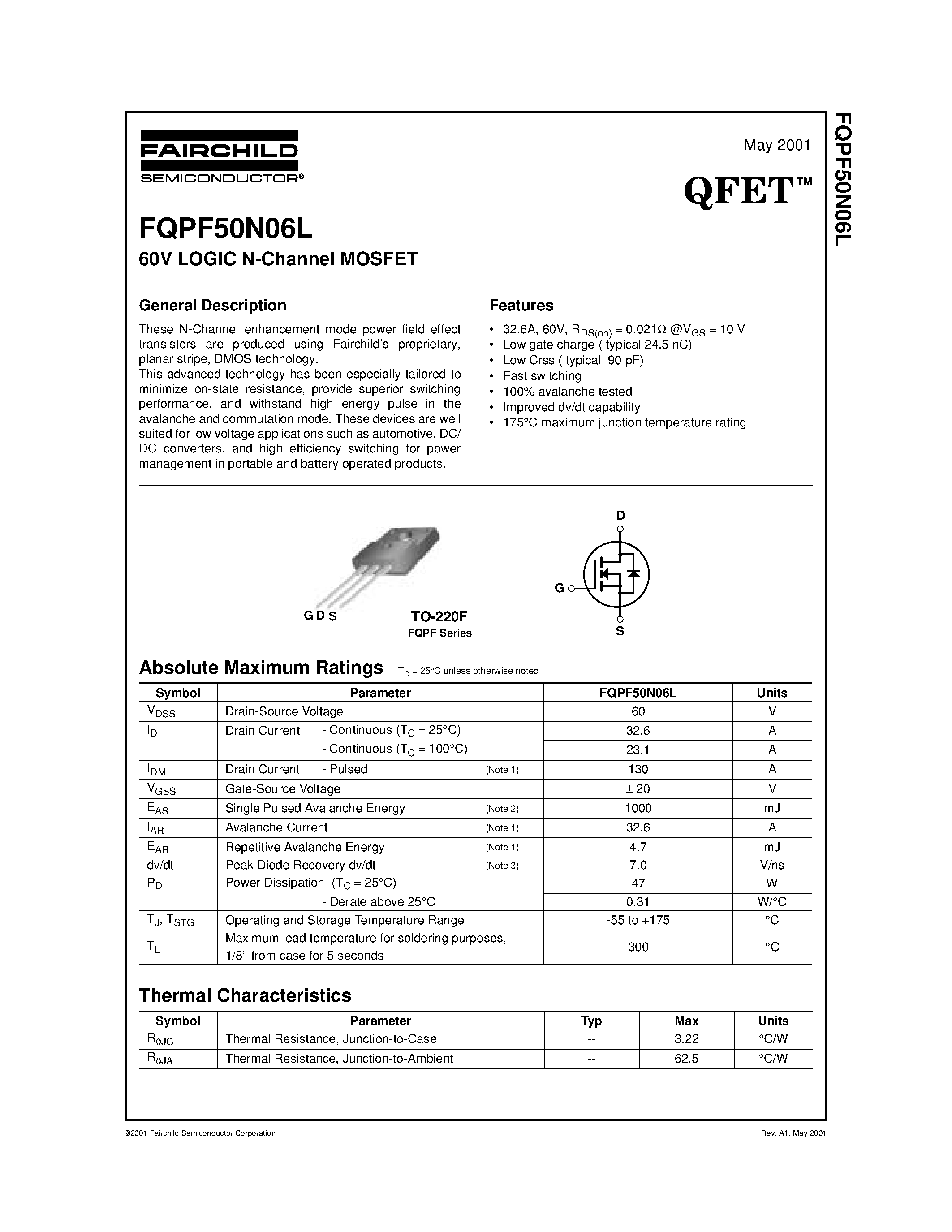 Даташит FQPF50N06L - 60V LOGIC N-Channel MOSFET страница 1