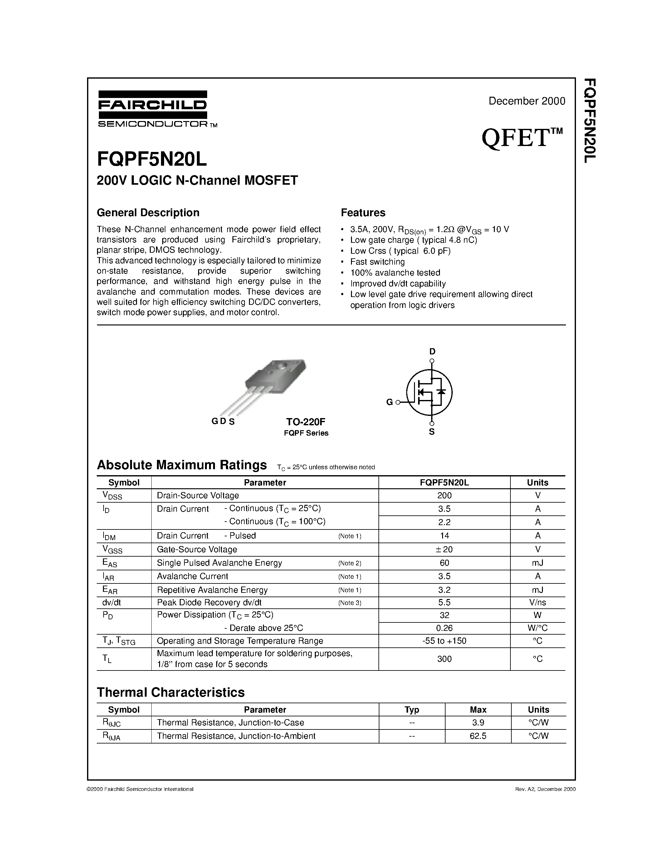 Даташит FQPF5N20L - 200V LOGIC N-Channel MOSFET страница 1
