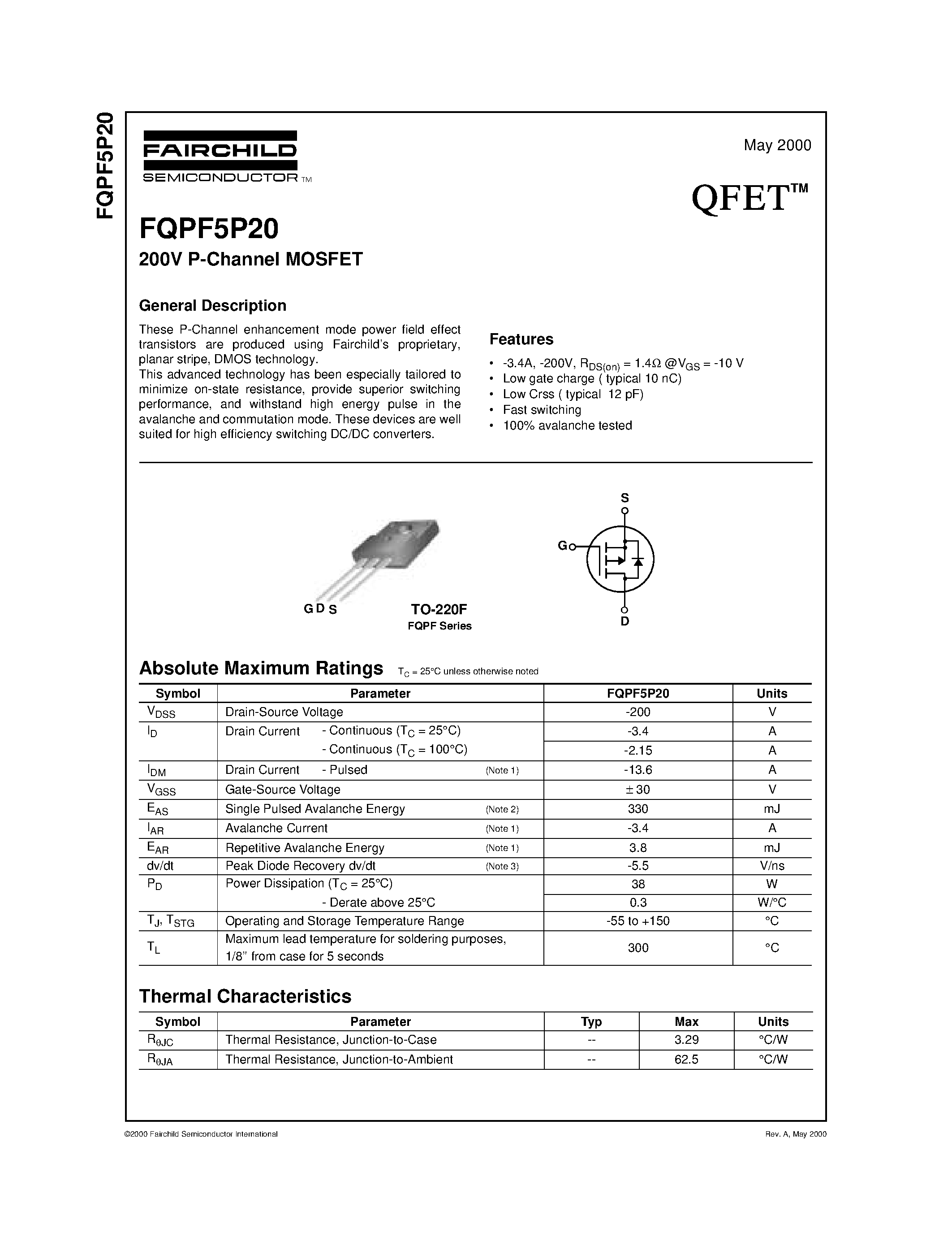Datasheet FQPF5P20 - 200V P-Channel MOSFET page 1