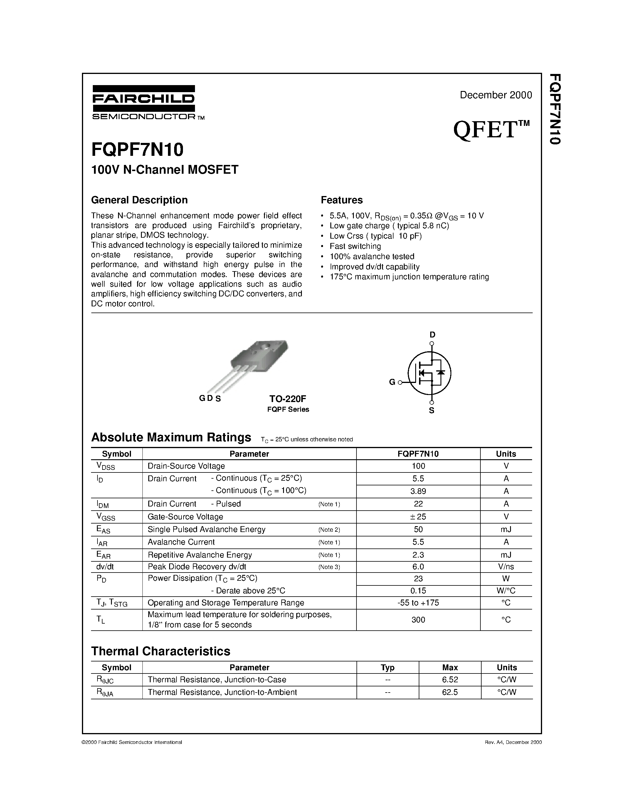 Даташит на микросхему FQPF7N10 страница 1 Даташит FQPF7N10 - 100V LOGIC N-Channel MOSFET страница 1