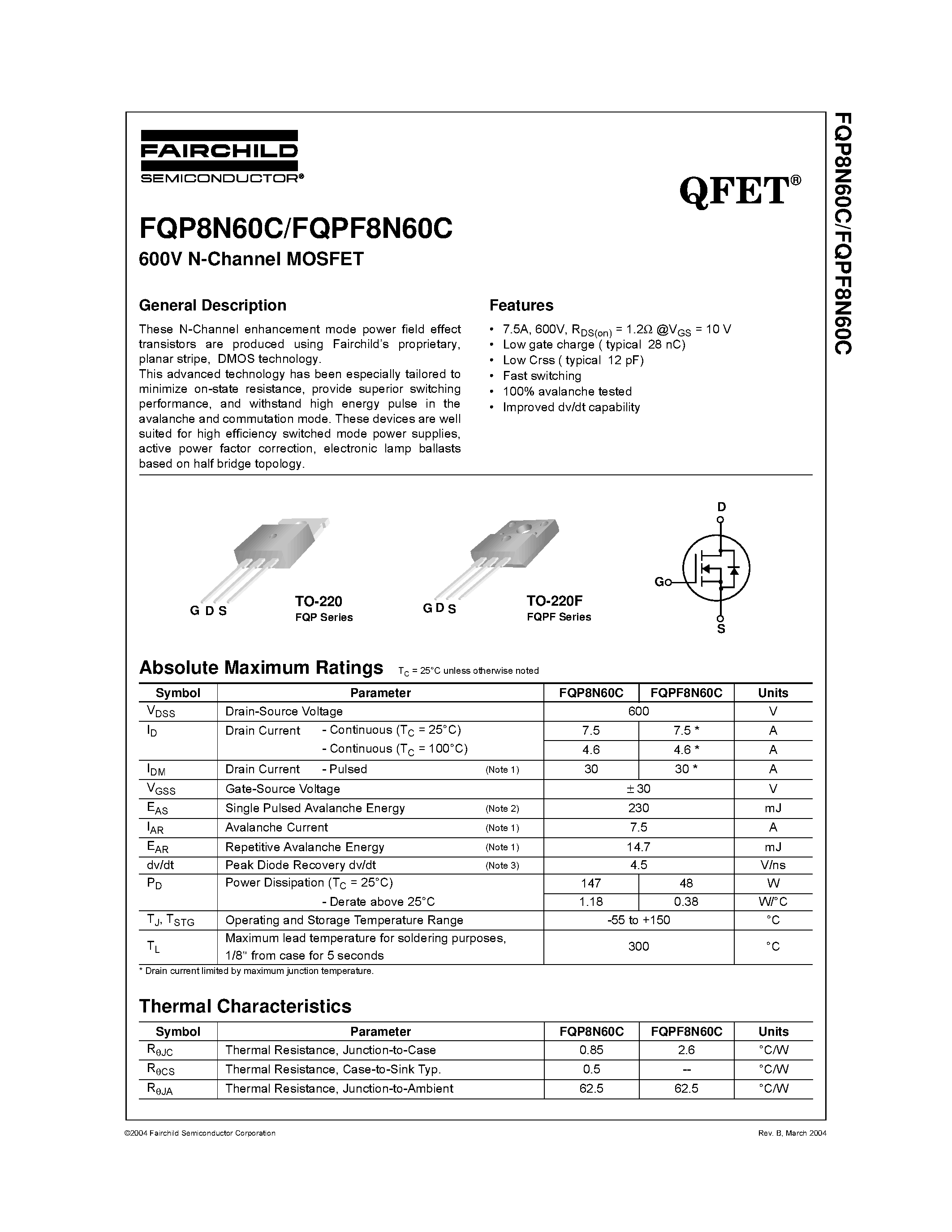 Datasheet FQPF8N60C - 600V N-Channel MOSFET page 1