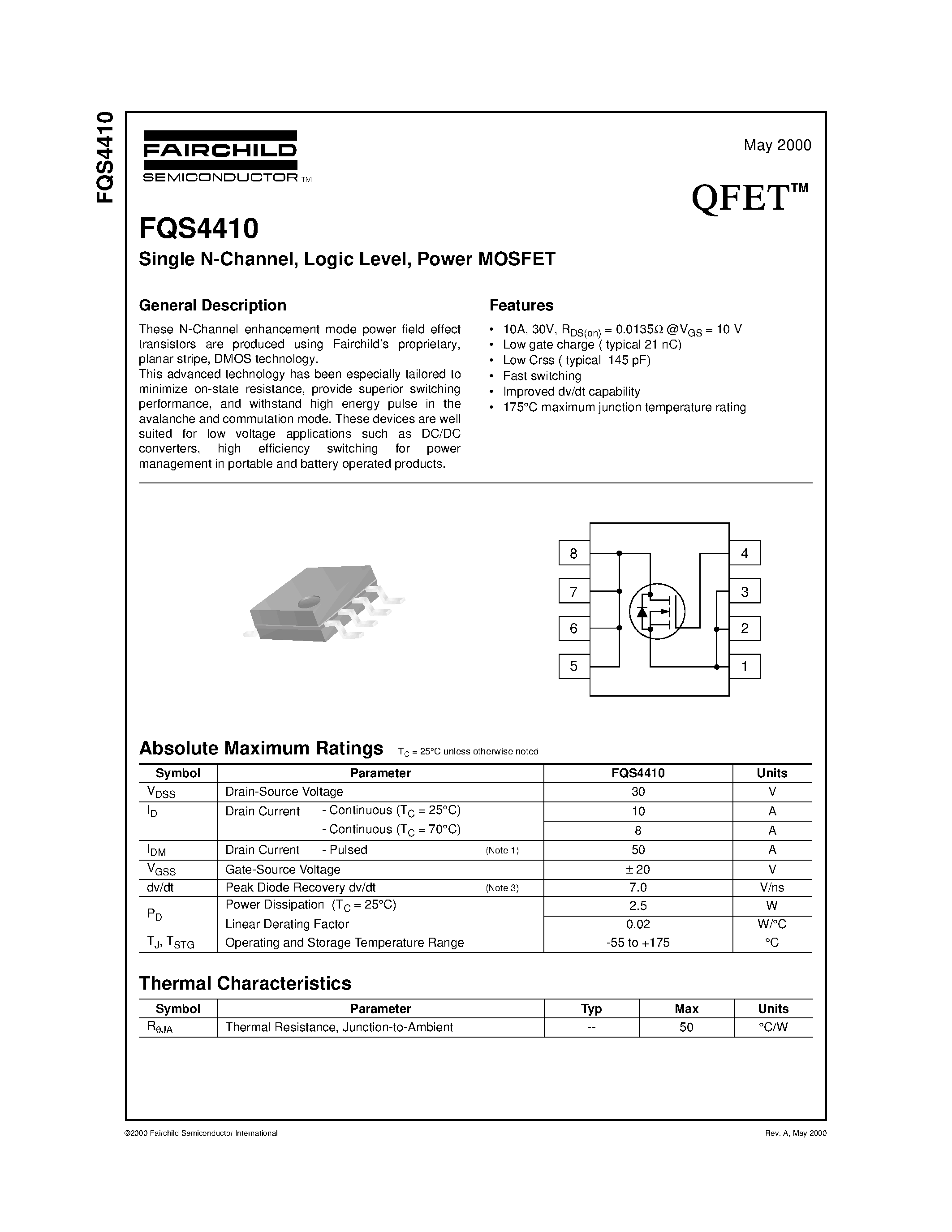 Datasheet FQS4410 - Single N-Channel/ Logic Level/ Power MOSFET page 1