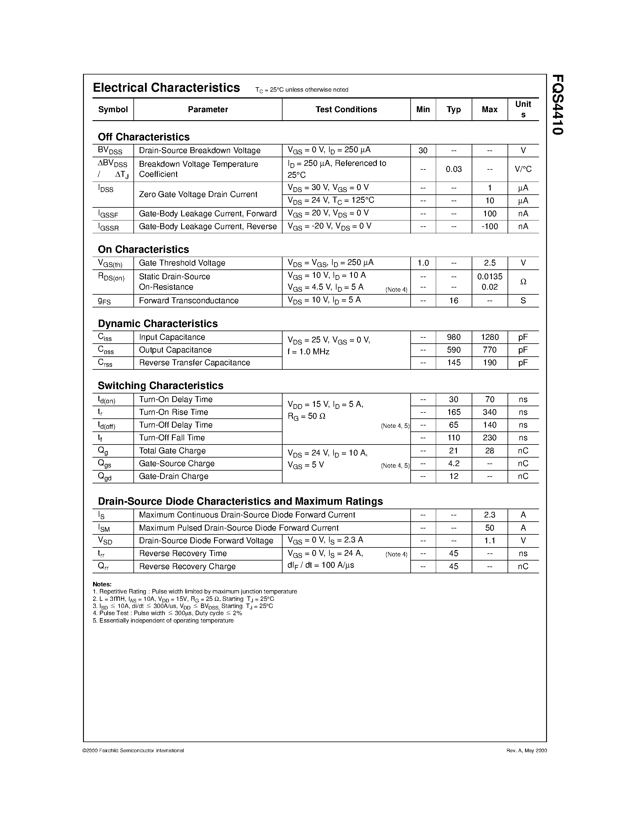 Datasheet FQS4410 - Single N-Channel/ Logic Level/ Power MOSFET page 2