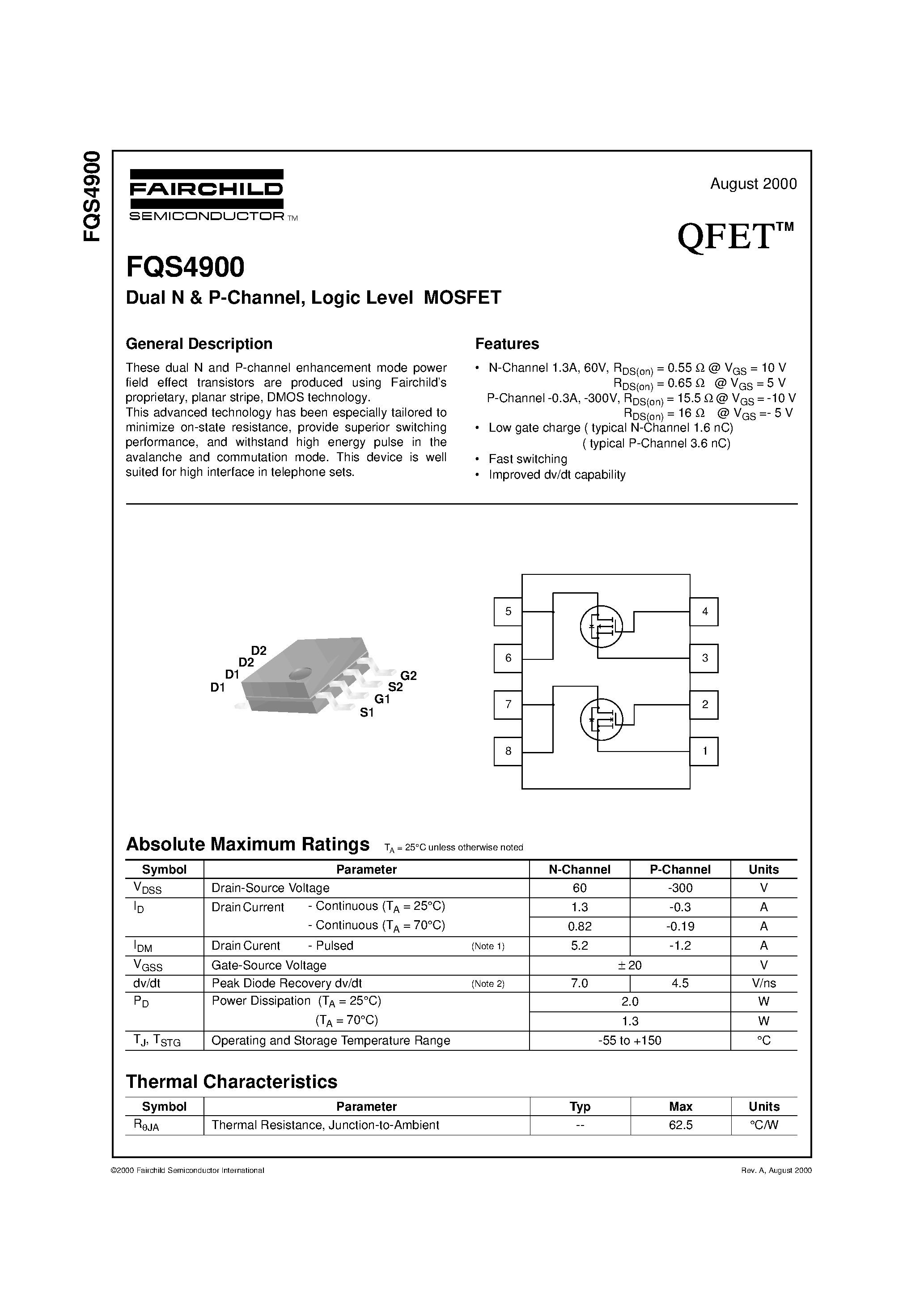 Datasheet FQS4900 - Dual N & P-Channel/ Logic Level MOSFET page 1