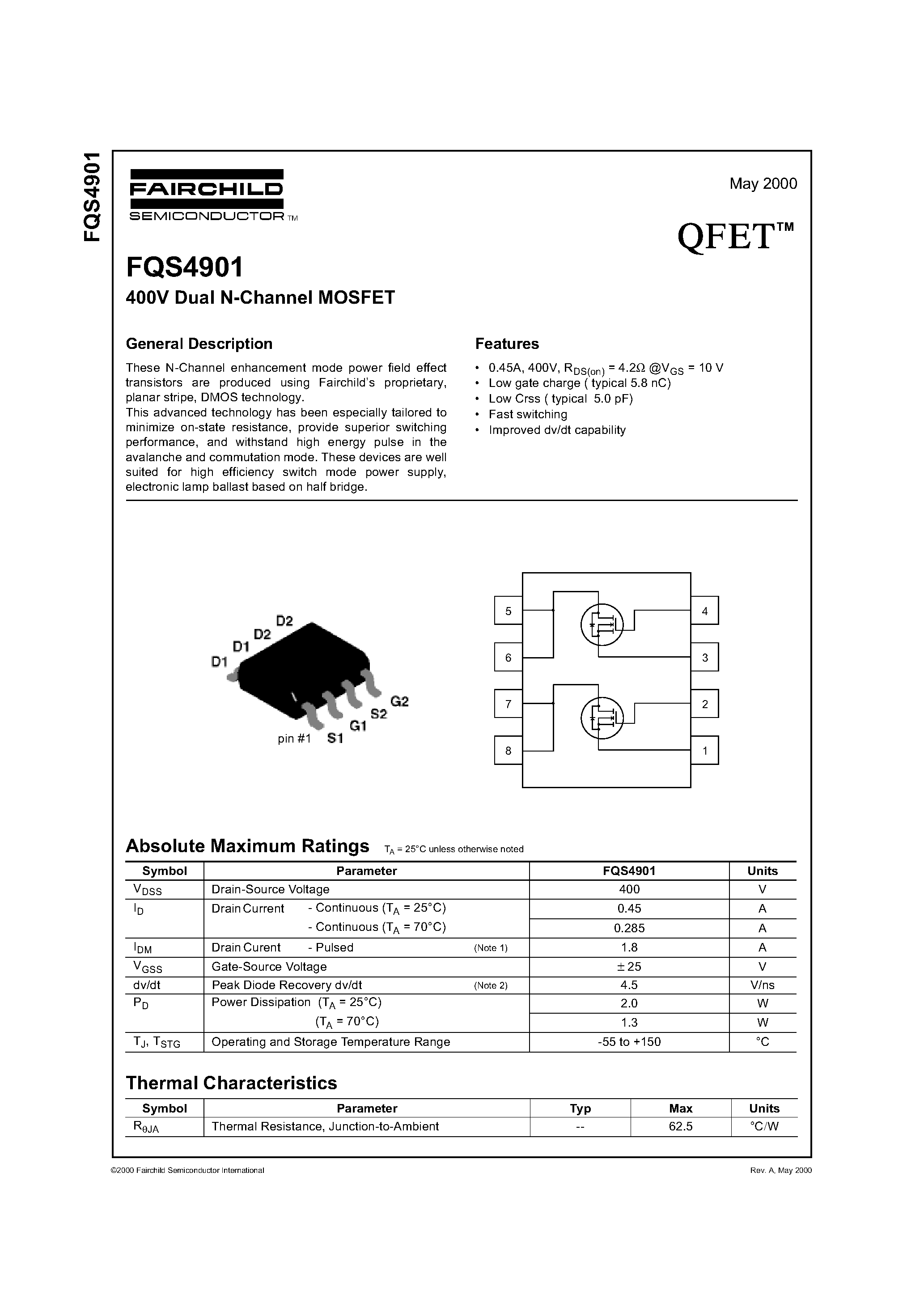 Datasheet FQS4901 - 400V Dual N-Channel MOSFET page 1