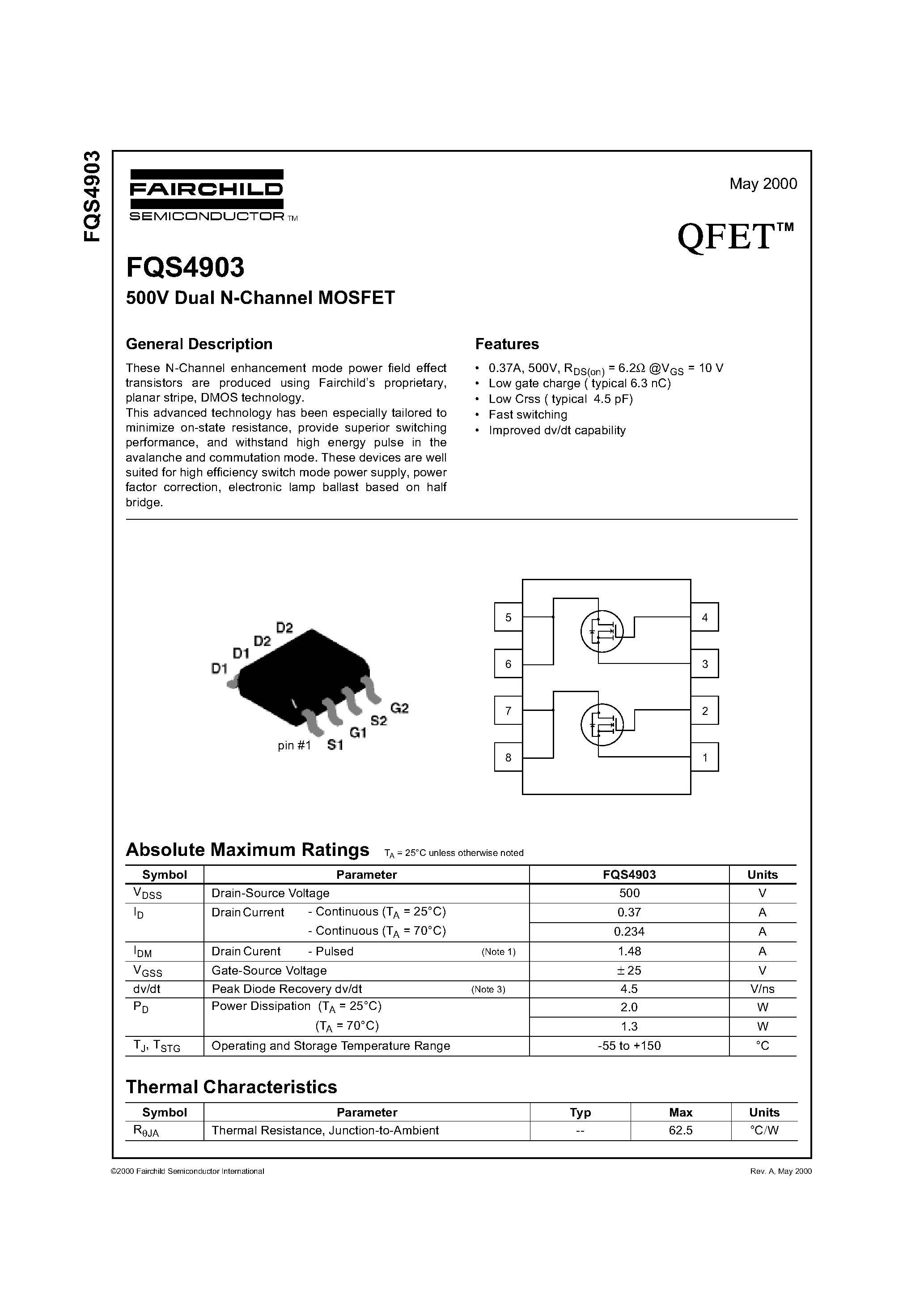 Datasheet FQS4903 - 500V Dual N-Channel MOSFET page 1