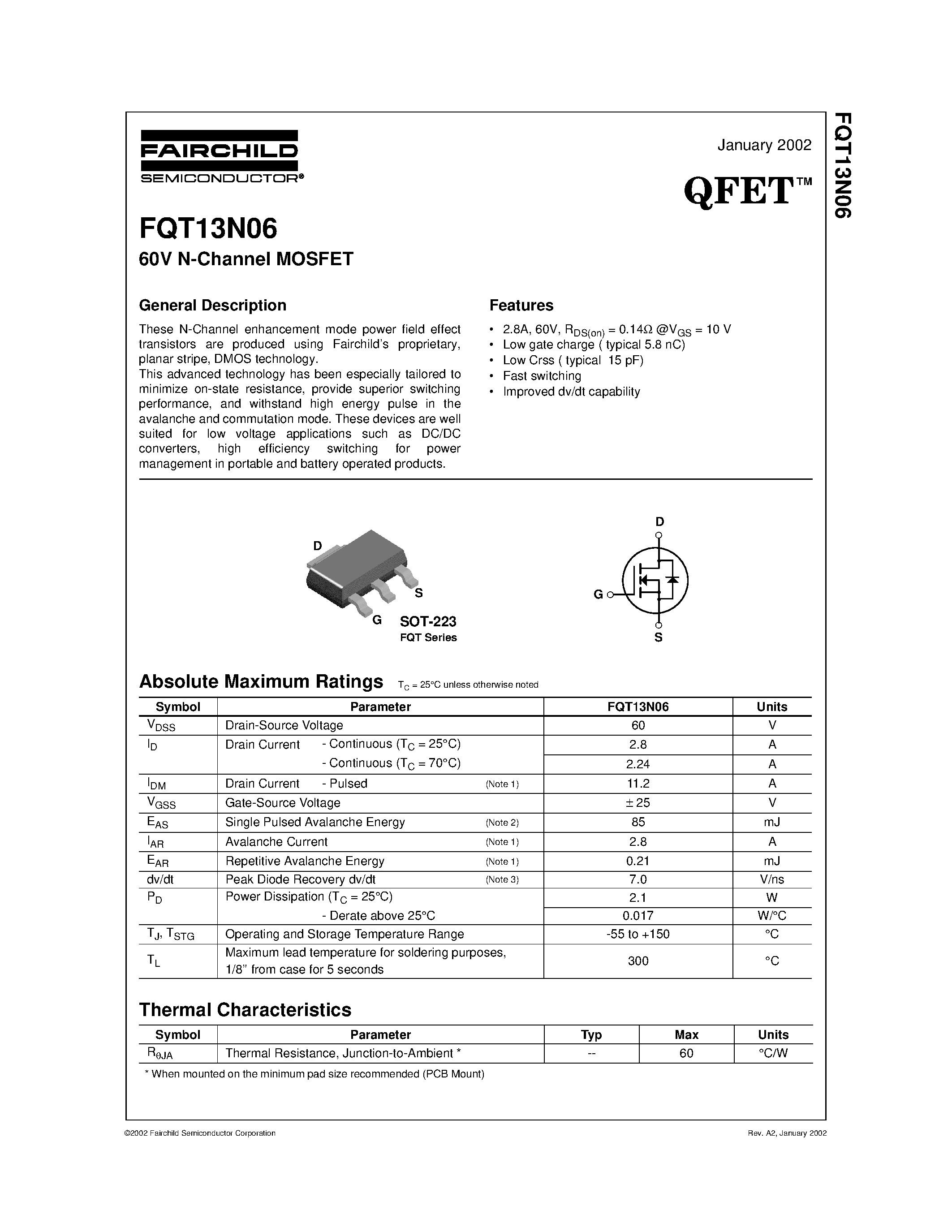 Datasheet FQT13N06 - 60V N-Channel MOSFET page 1