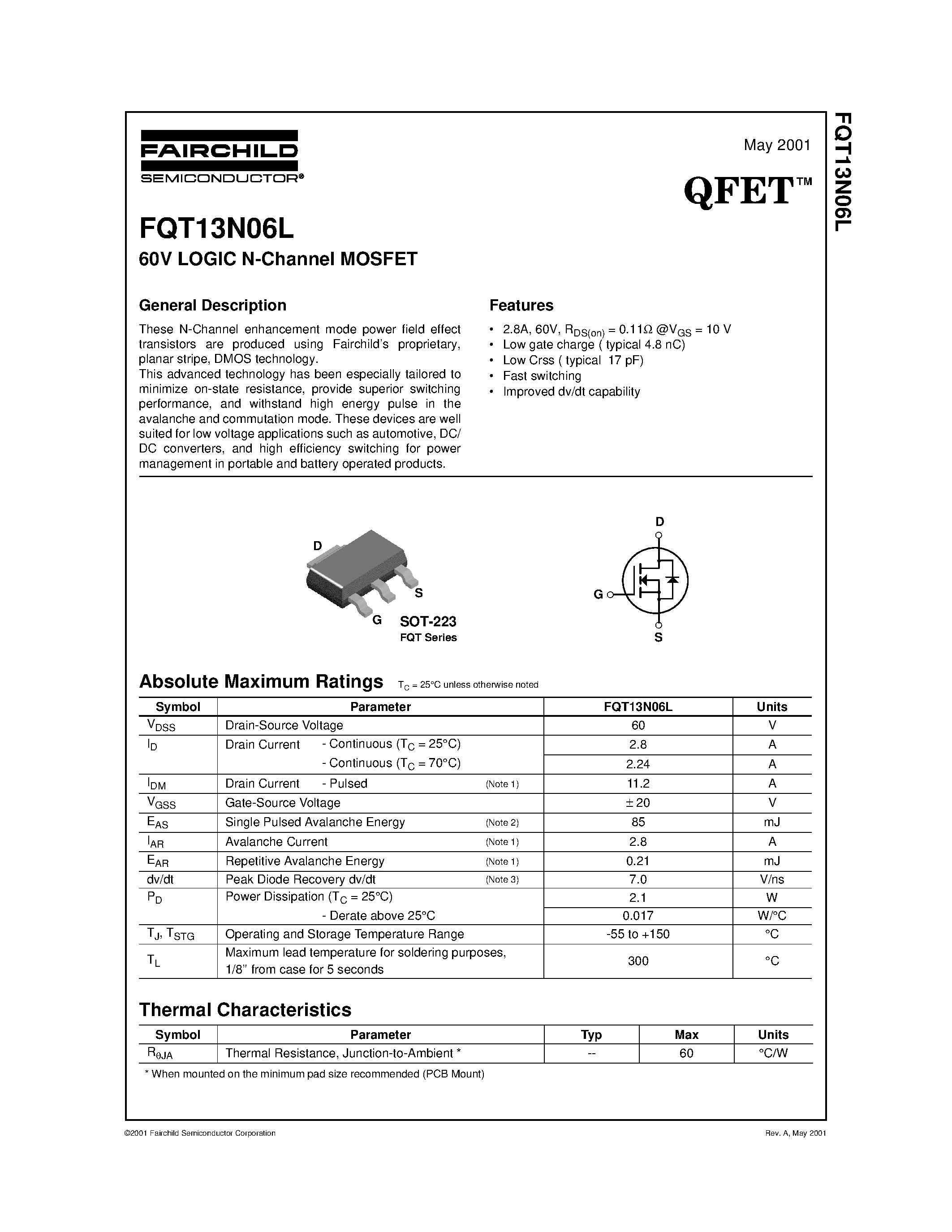 Datasheet FQT13N06L - 60V LOGIC N-Channel MOSFET page 1