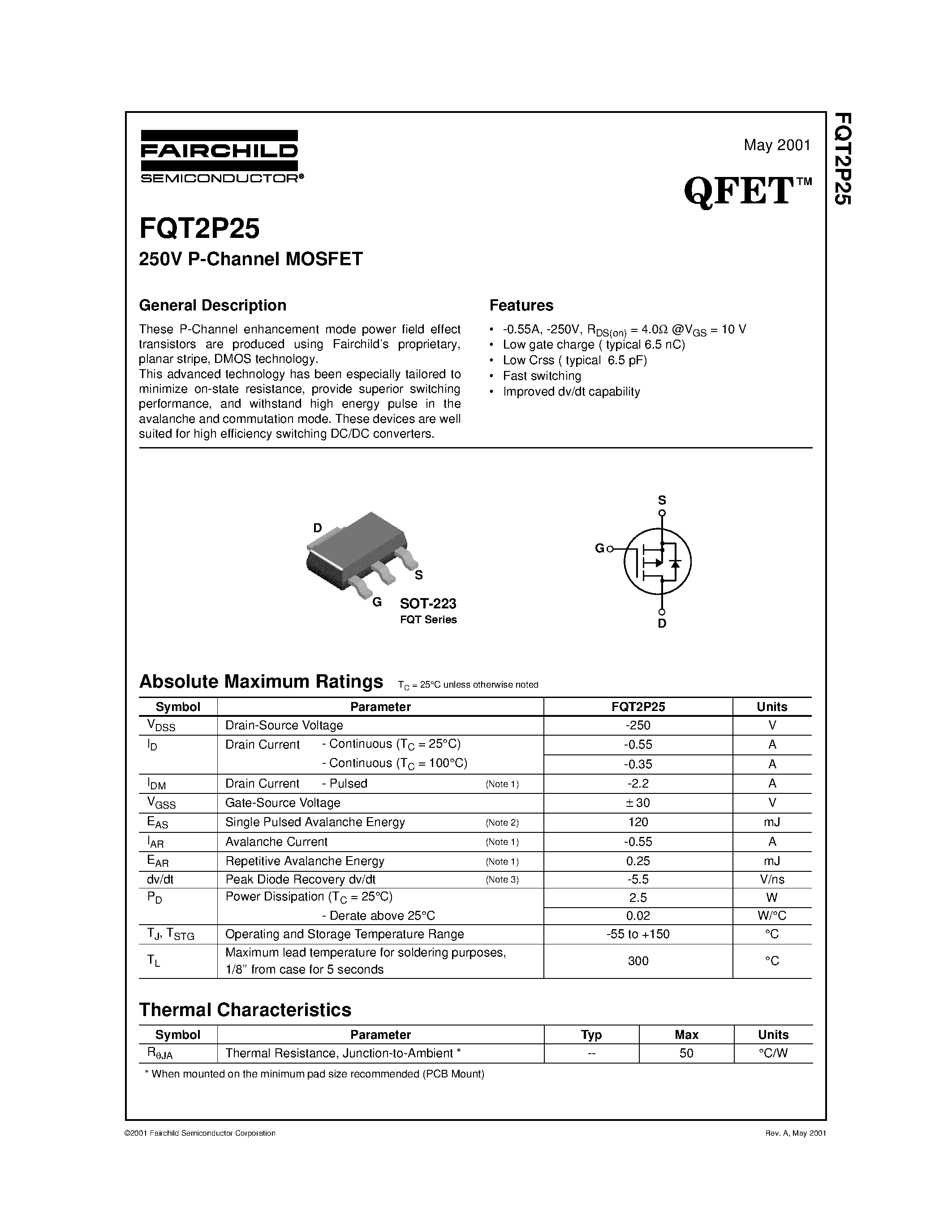 Datasheet FQT2P25 page 1 Datasheet FQT2P25 - 250V P-Channel MOSFET page 1