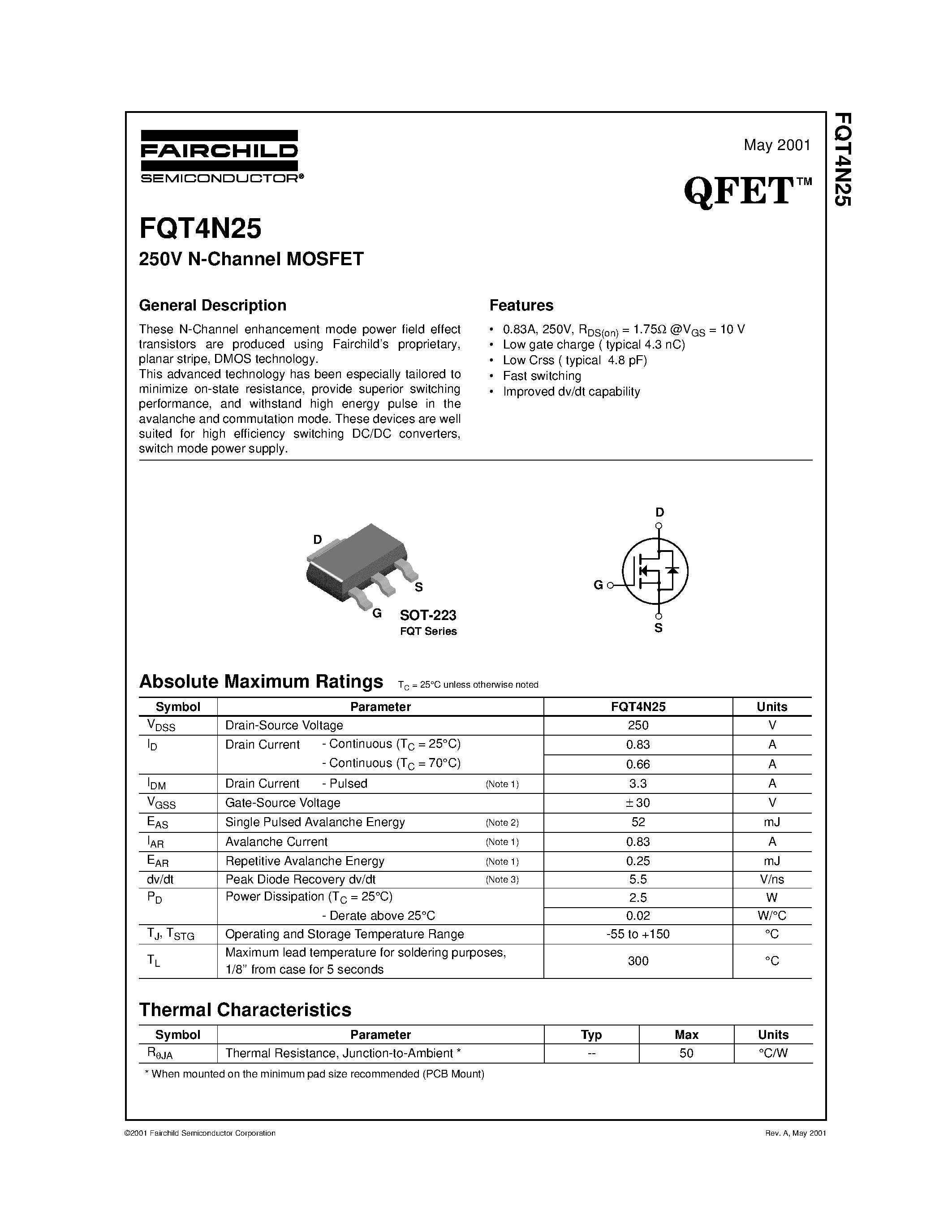 Datasheet FQT4N25 - 250V N-Channel MOSFET page 1