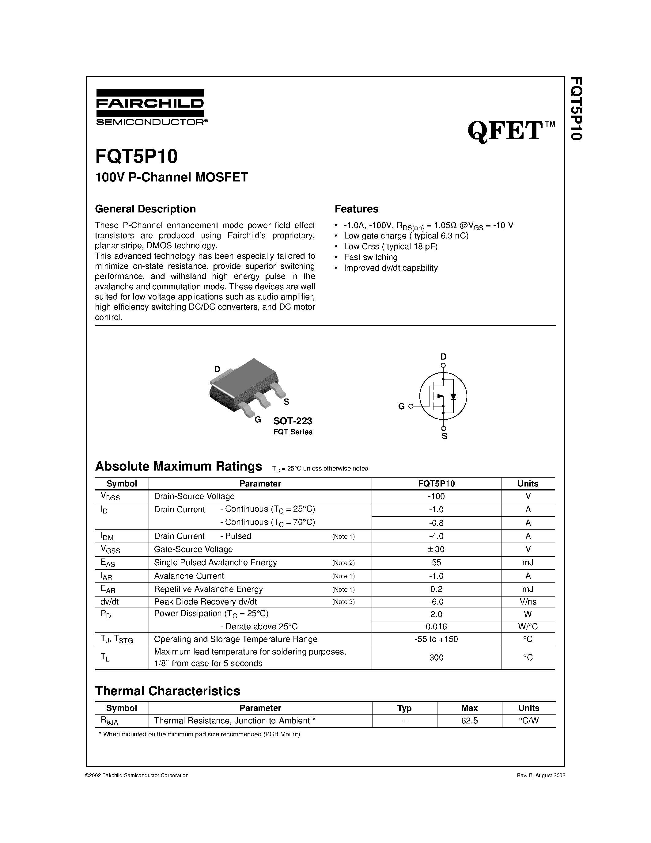 Datasheet FQT5P10 - 250V N-Channel MOSFET page 1