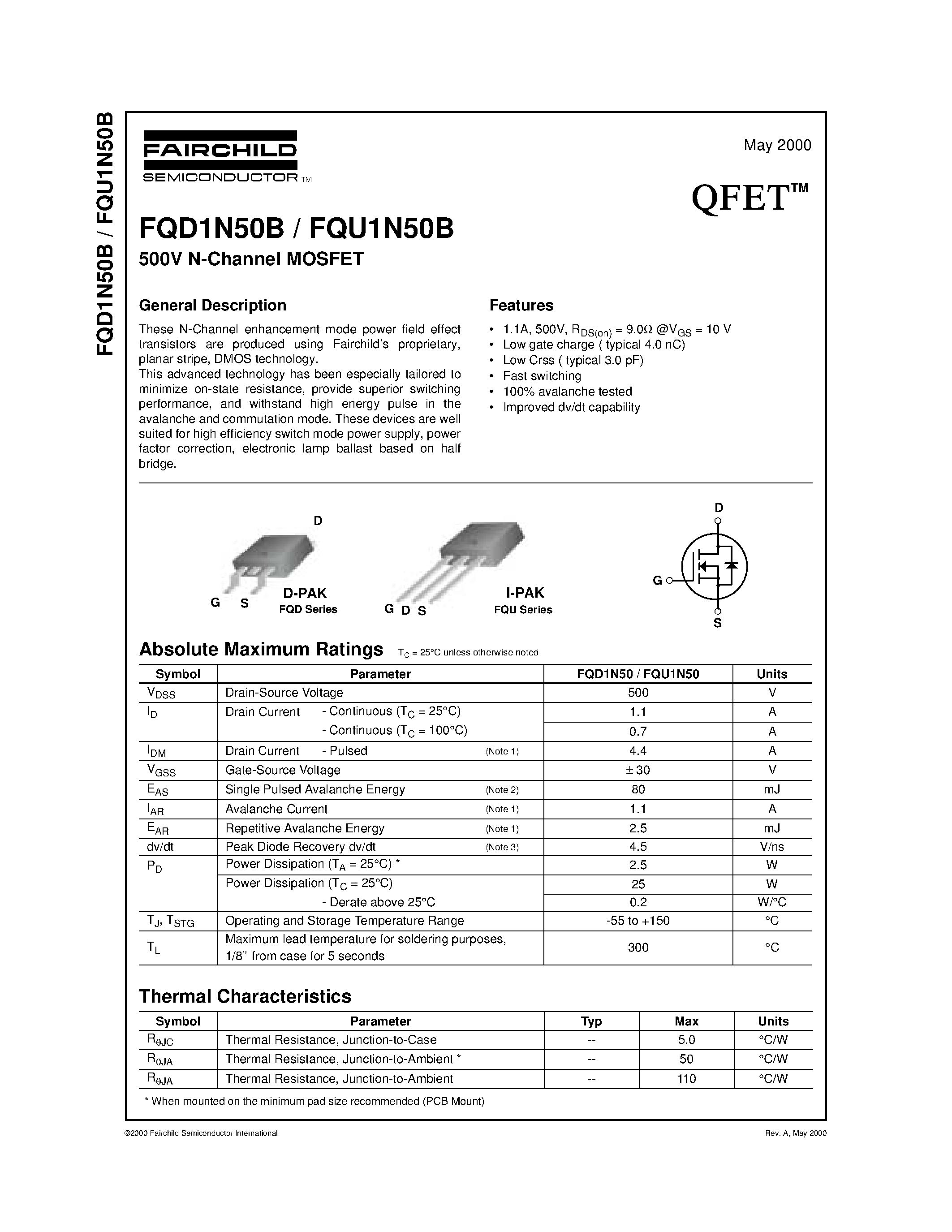 Datasheet FQU1N50B - 500V N-Channel MOSFET page 1