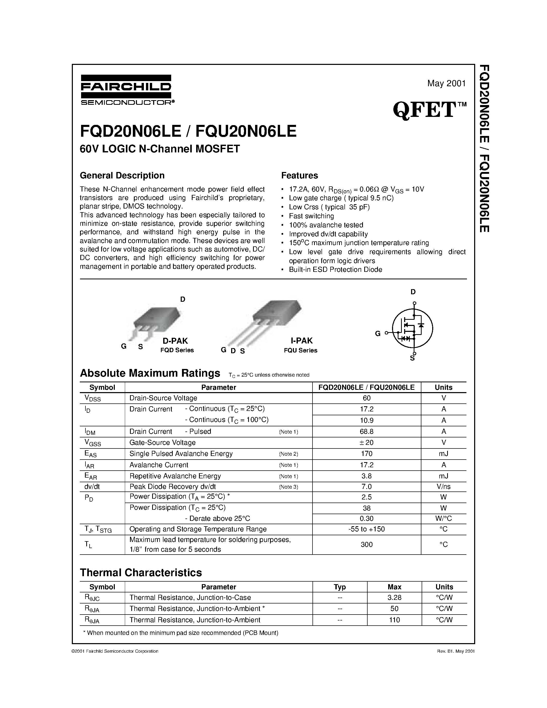 Datasheet FQU20N06LE page 1 Datasheet FQU20N06LE - 60V LOGIC N-Channel MOSFET page 1