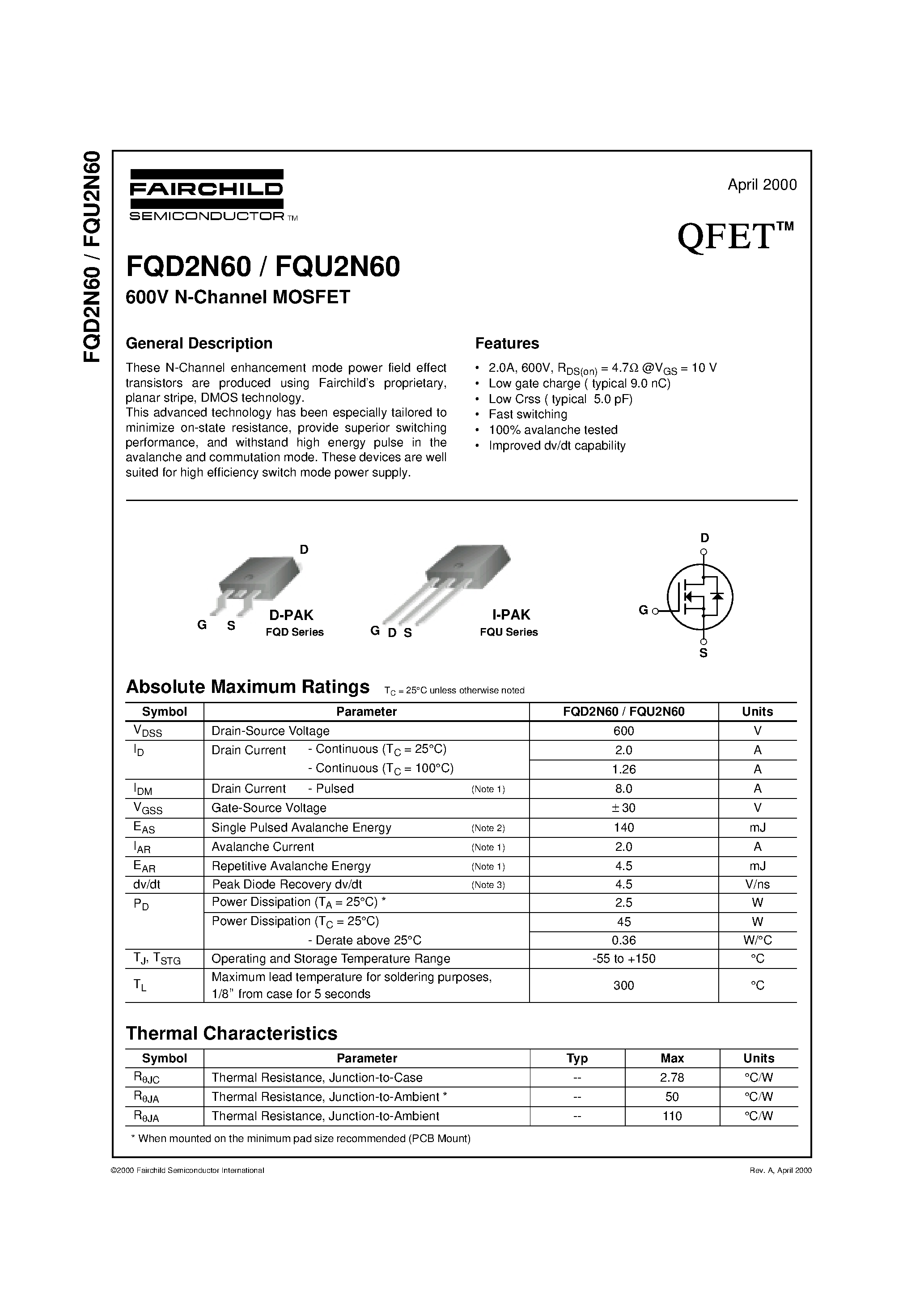 Datasheet FQU2N60 - 600V N-Channel MOSFET page 1