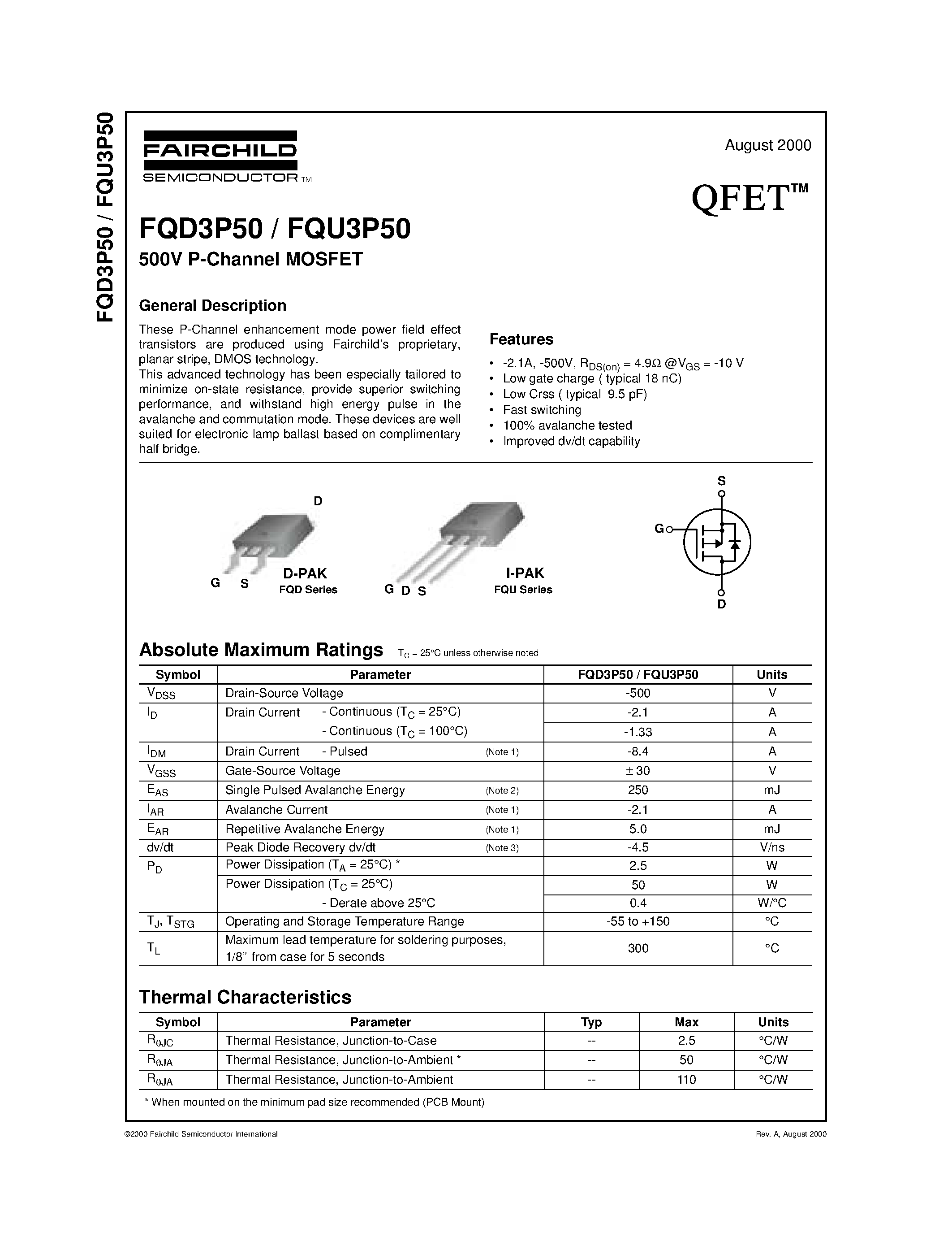 Datasheet FQU3P50 - 500V P-Channel MOSFET page 1