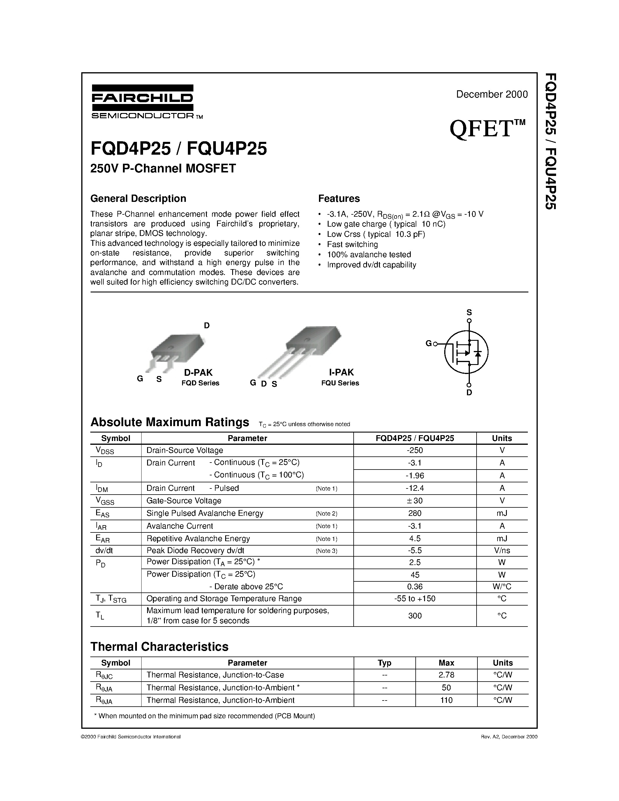 Datasheet FQU4P25 page 1 Datasheet FQU4P25 - 250V P-Channel MOSFET page 1